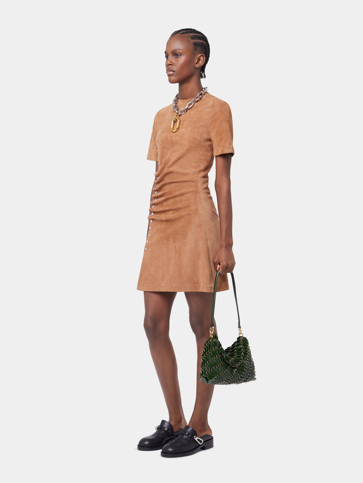 CAMEL SHORT DRAPED DRESS IN LEATHER