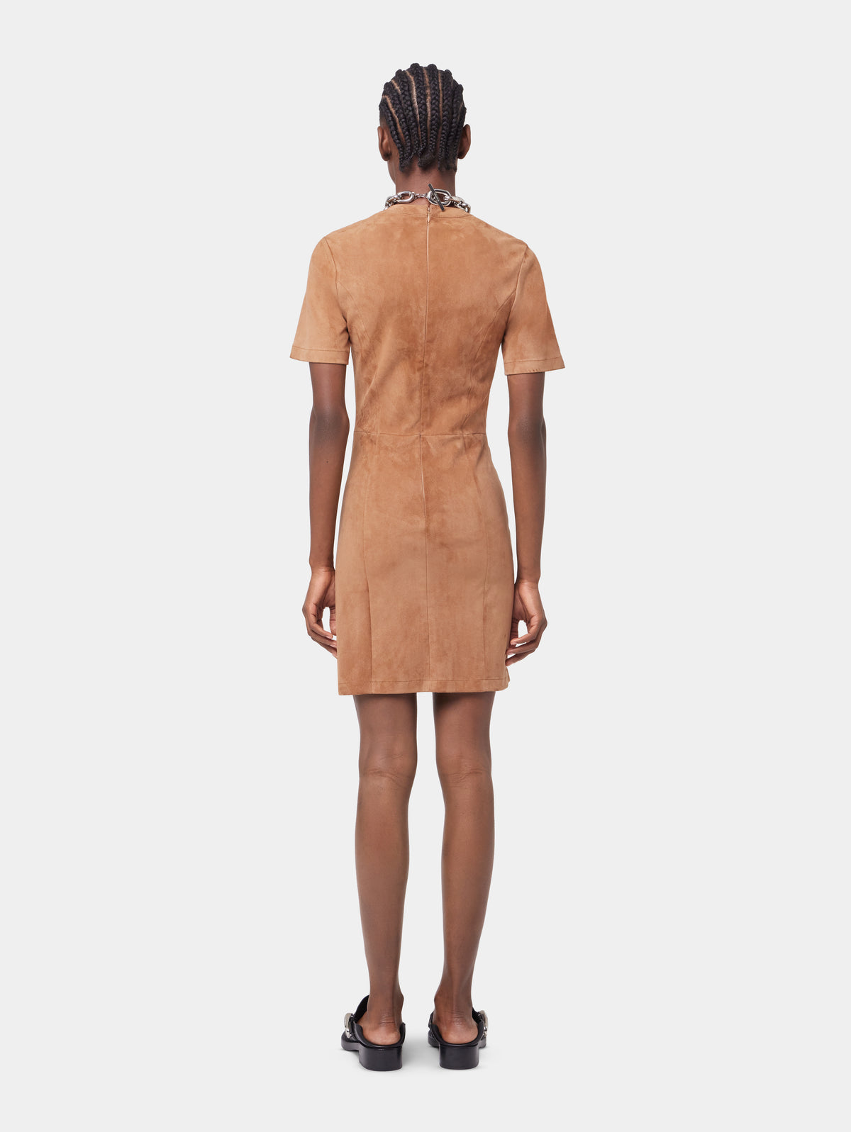 CAMEL SHORT DRAPED DRESS IN LEATHER