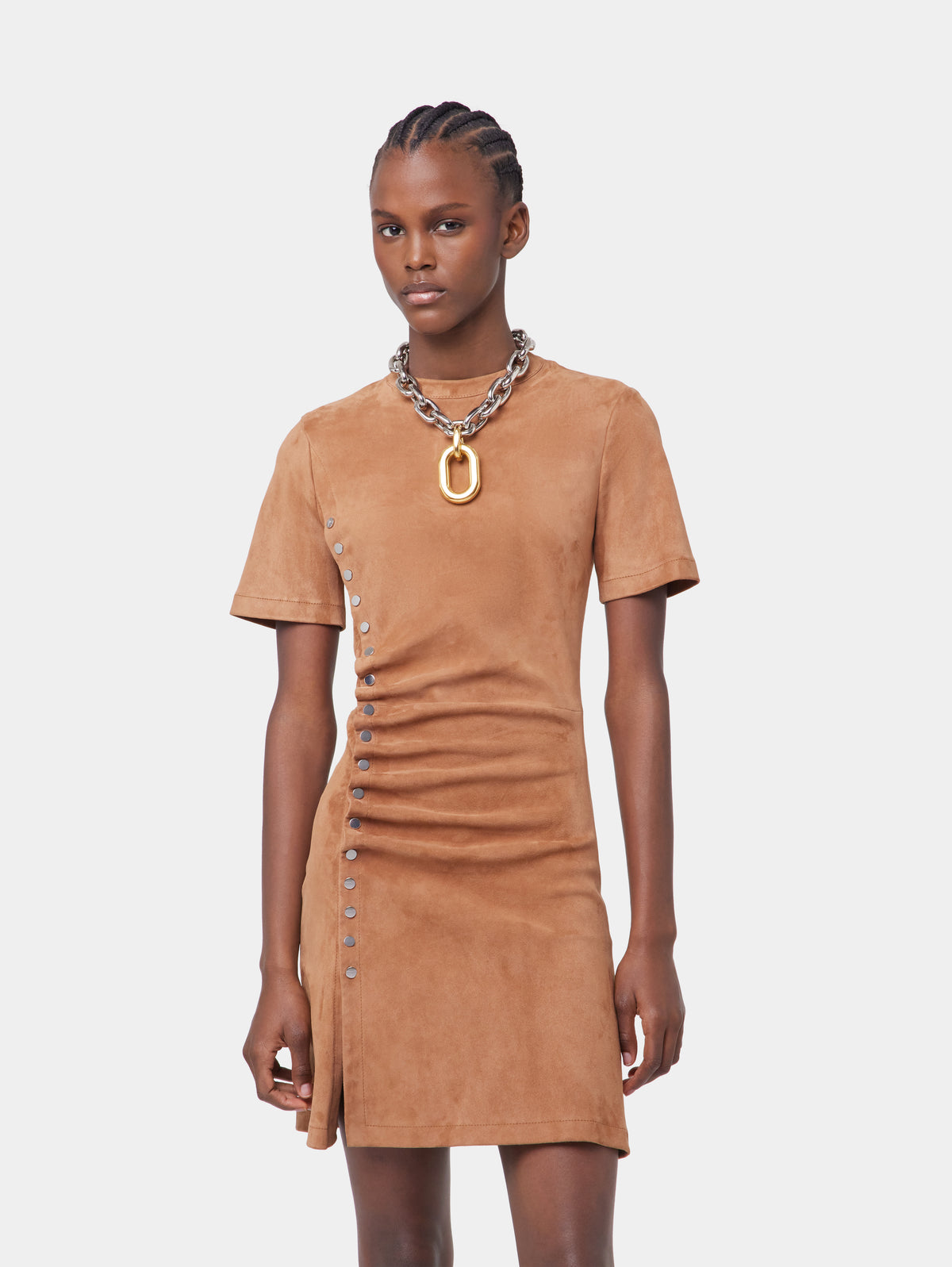 CAMEL SHORT DRAPED DRESS IN LEATHER