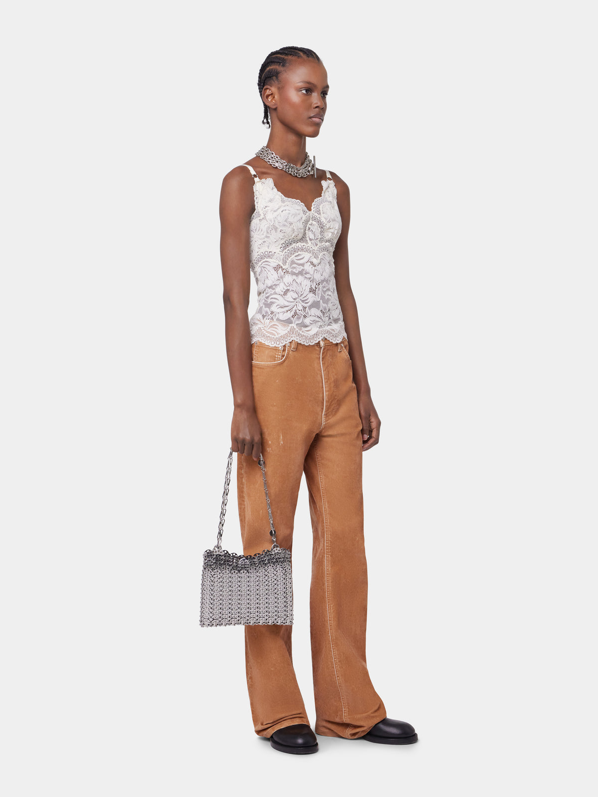 CAMEL FLARED DENIM TROUSERS