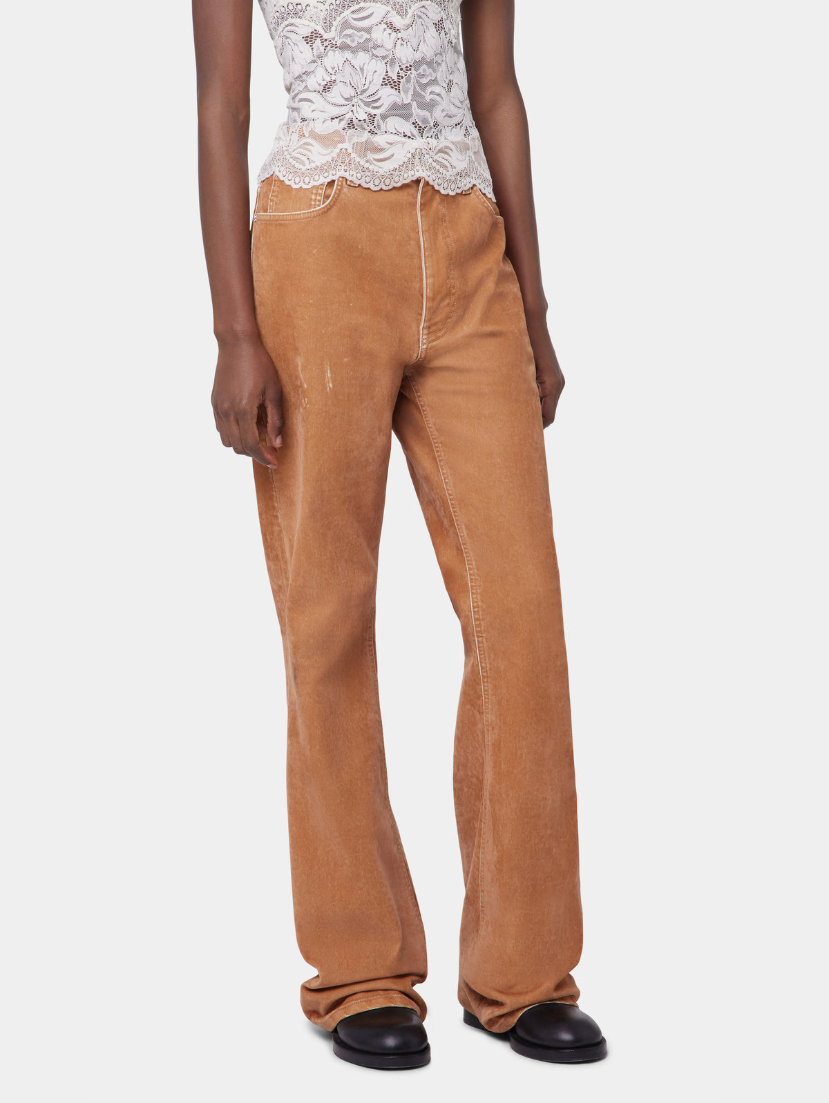 CAMEL FLARED DENIM TROUSERS