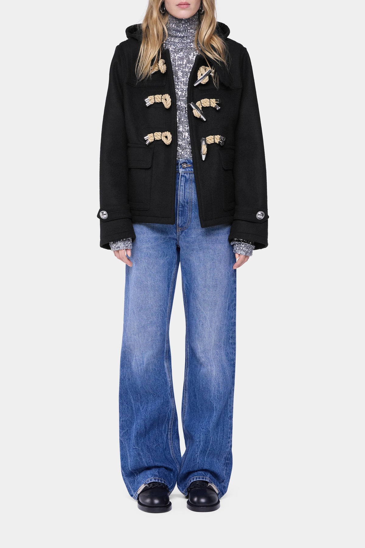 Manteau court en laine à capuche - Black