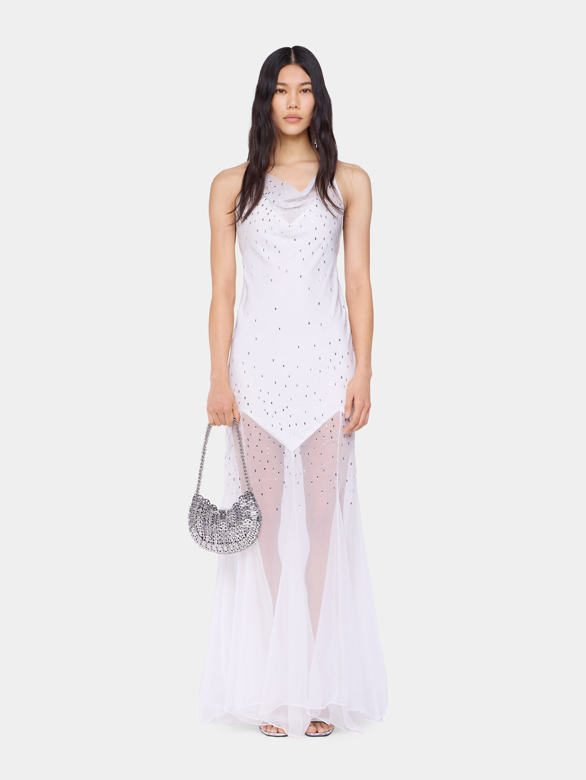 White long dress sleeveless in muslin and satin