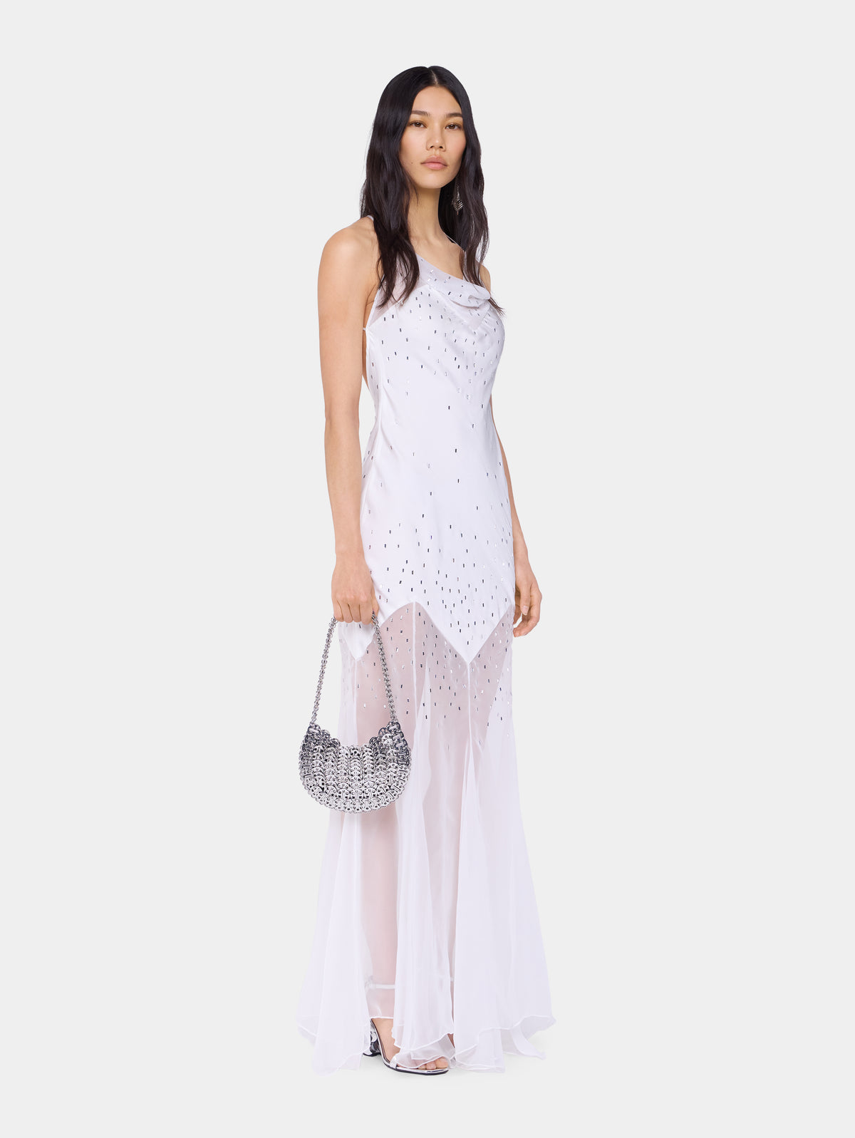White long dress sleeveless in muslin and satin