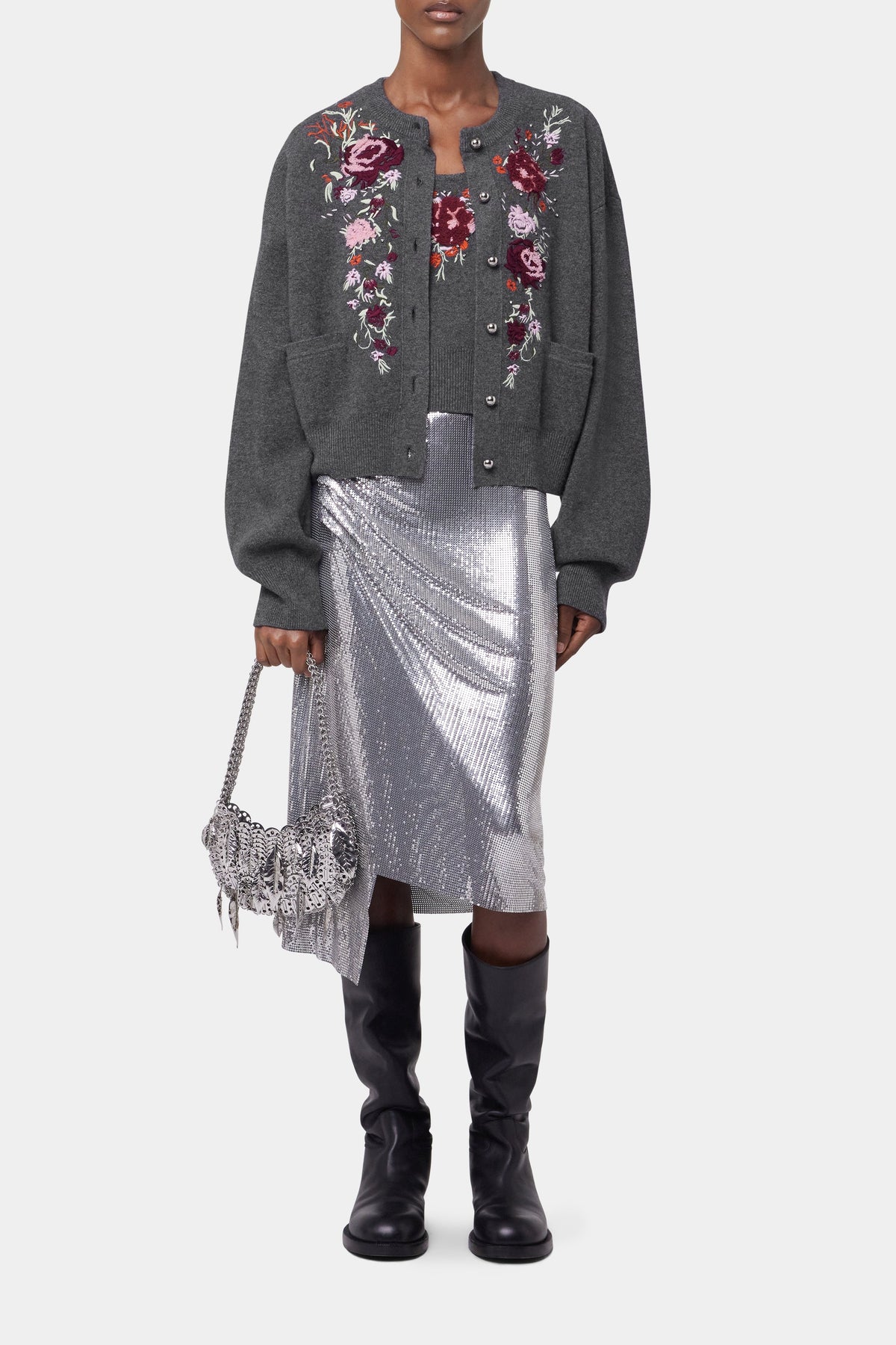 Cardigan à fleurs brodées en laine - Dark Grey