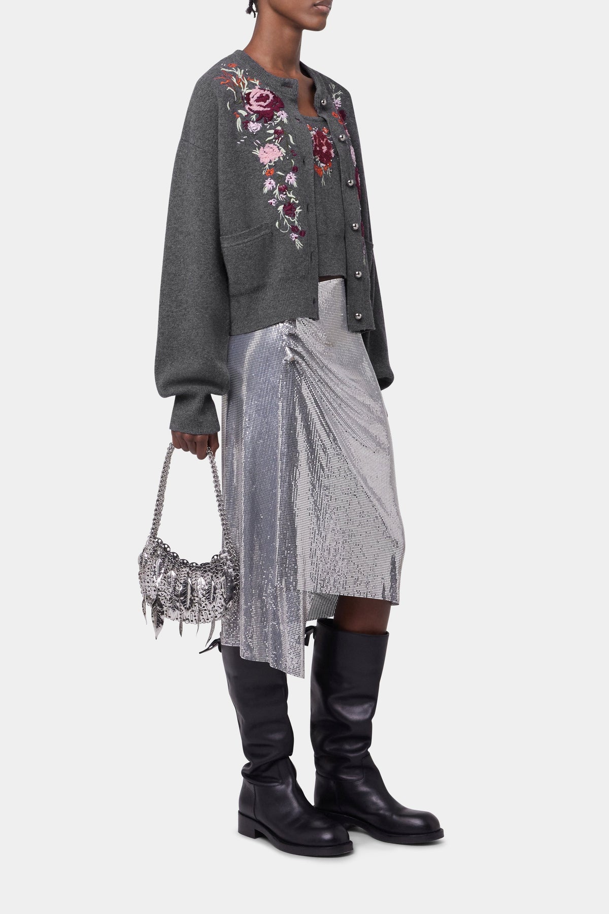 Cardigan à fleurs brodées en laine - Dark Grey