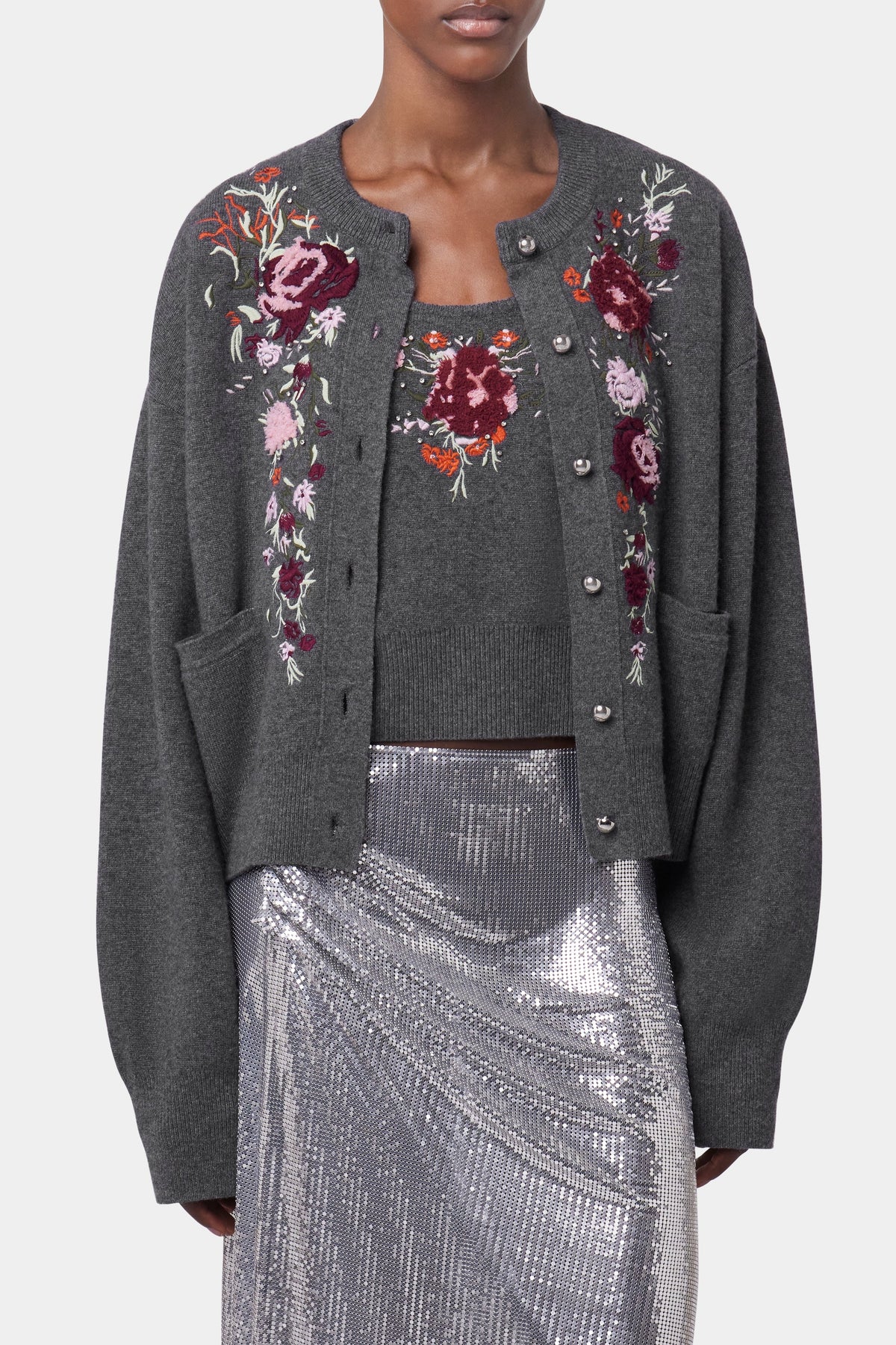 Cardigan à fleurs brodées en laine - Dark Grey