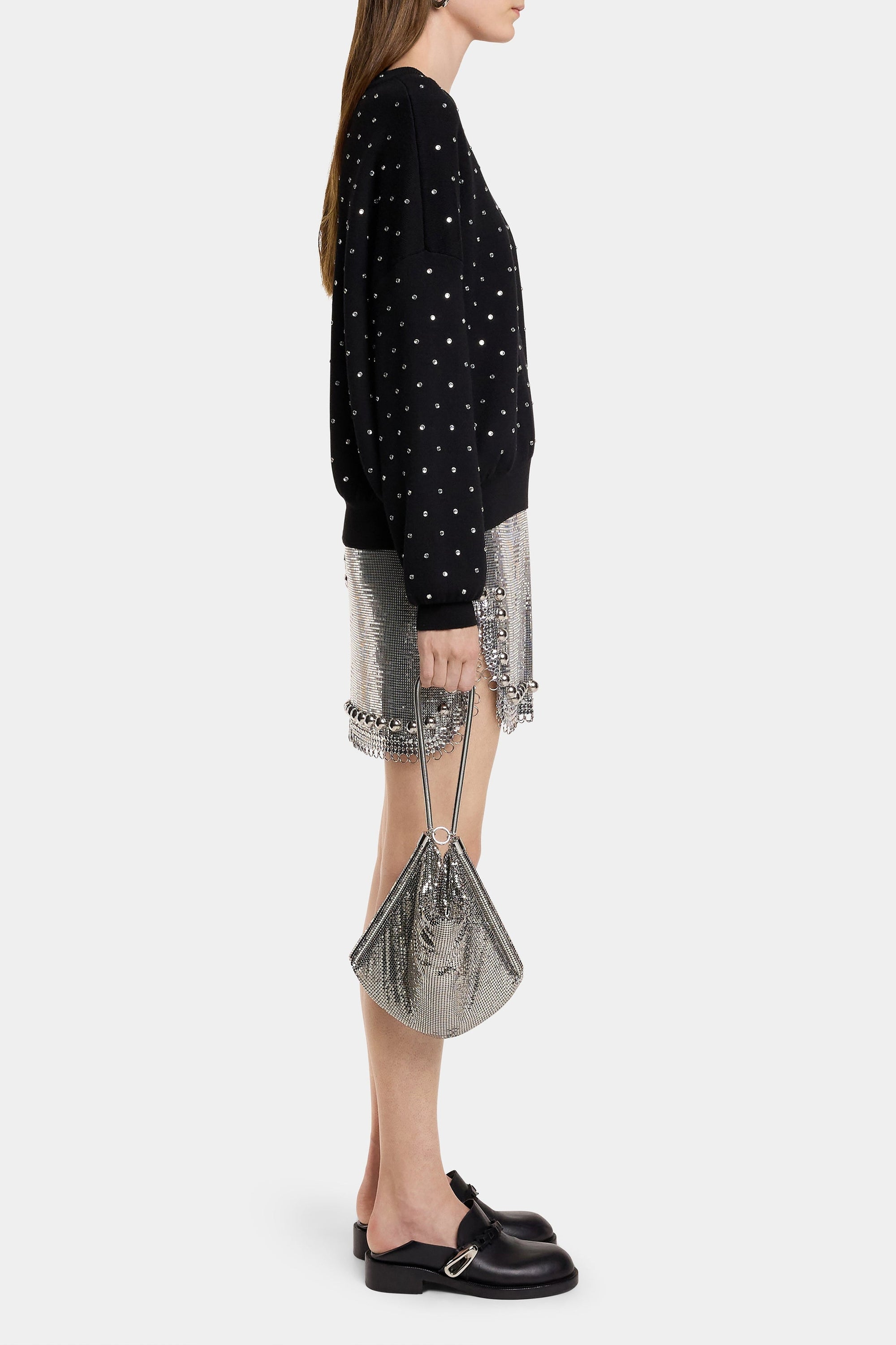 Wool rhinestone round-neck jumper - Black