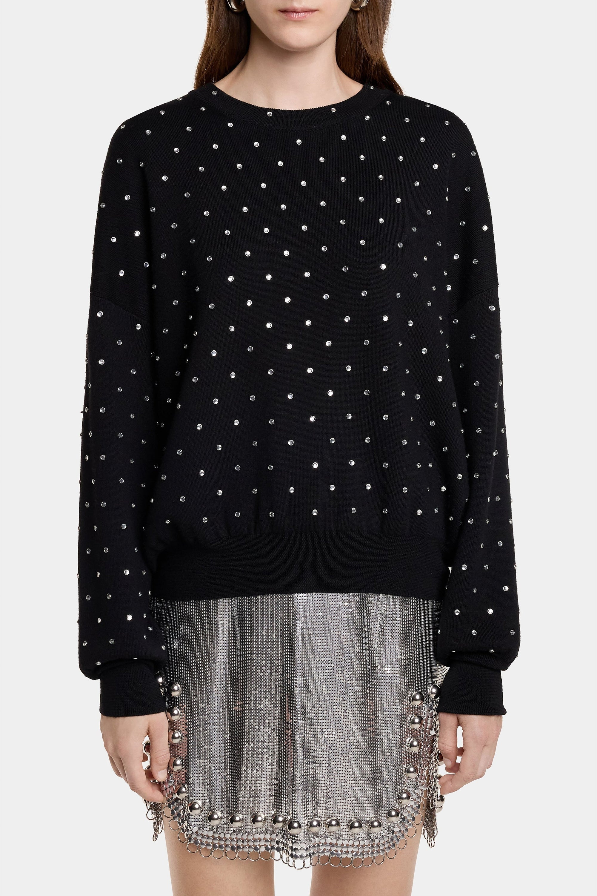 Wool rhinestone round-neck jumper - Black