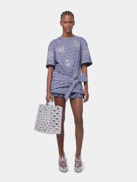 STRIPED WHITE AND BLUE EMBROIDERED TEE-SHIRT IN COTTON POPLIN
