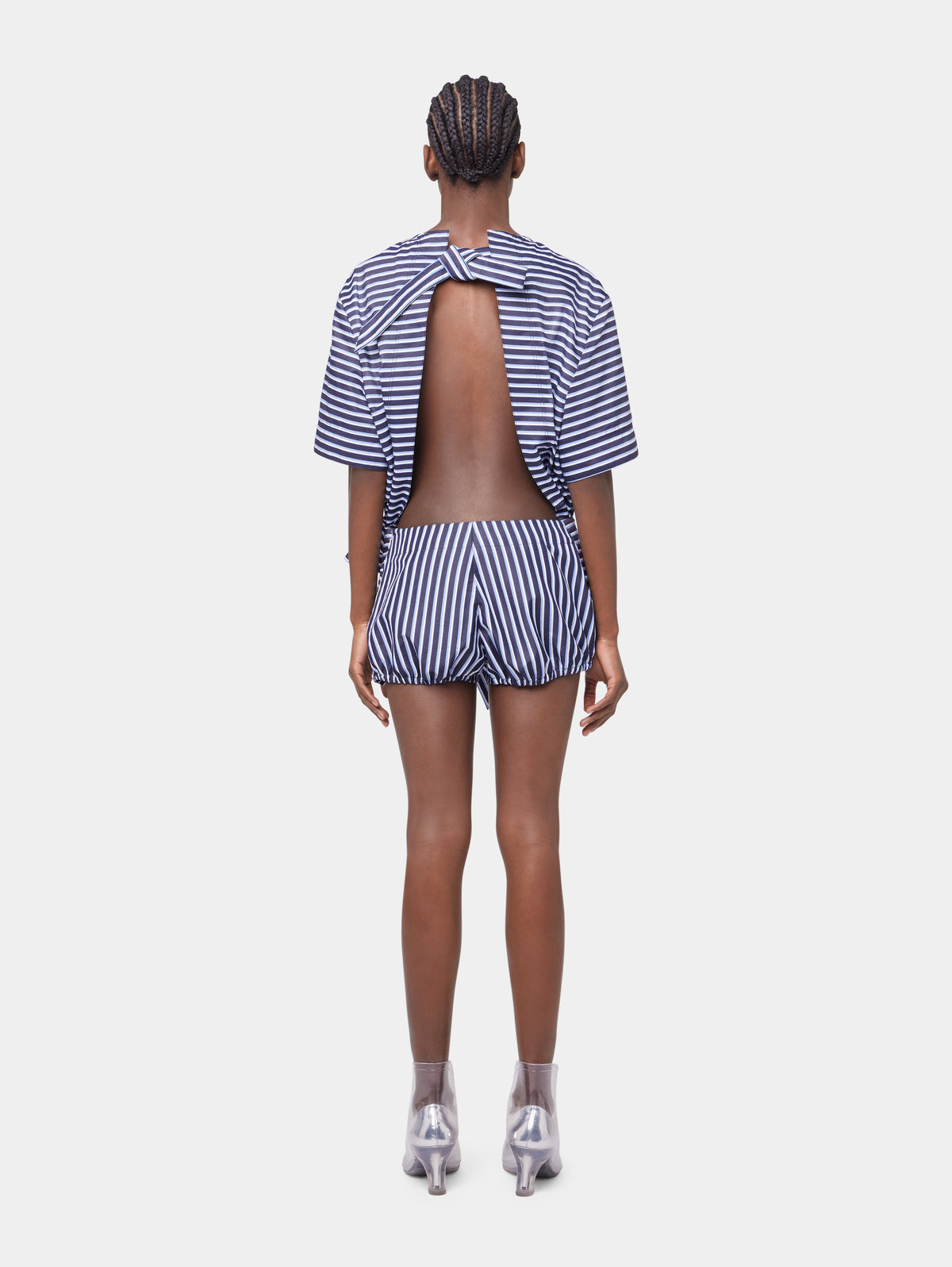 STRIPED WHITE AND BLUE EMBROIDERED TEE-SHIRT IN COTTON POPLIN