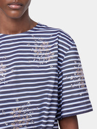STRIPED WHITE AND BLUE EMBROIDERED TEE-SHIRT IN COTTON POPLIN