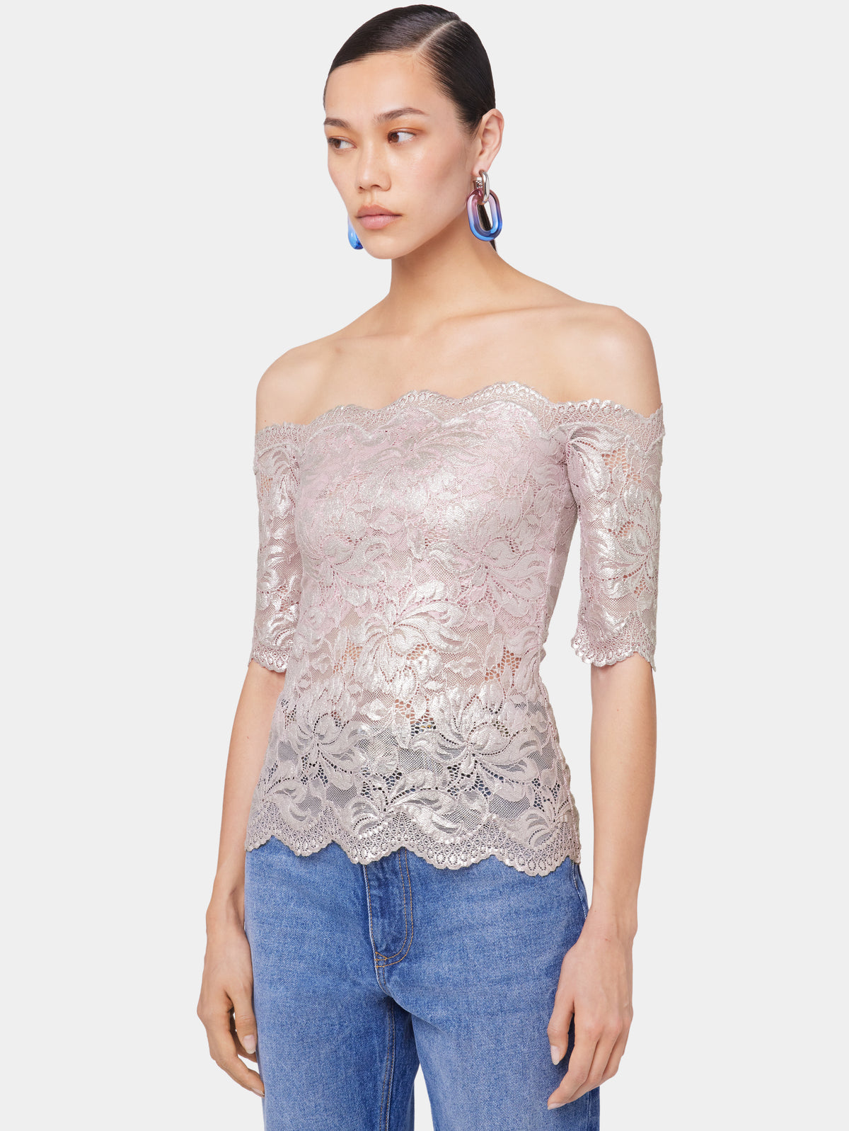 LIGHT PINK TOP IN LACE WITH SILVER INDUCTION
