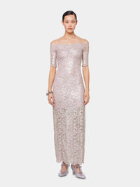 PINK LONG DRESS IN LACE WITH SILVER INDUCTION