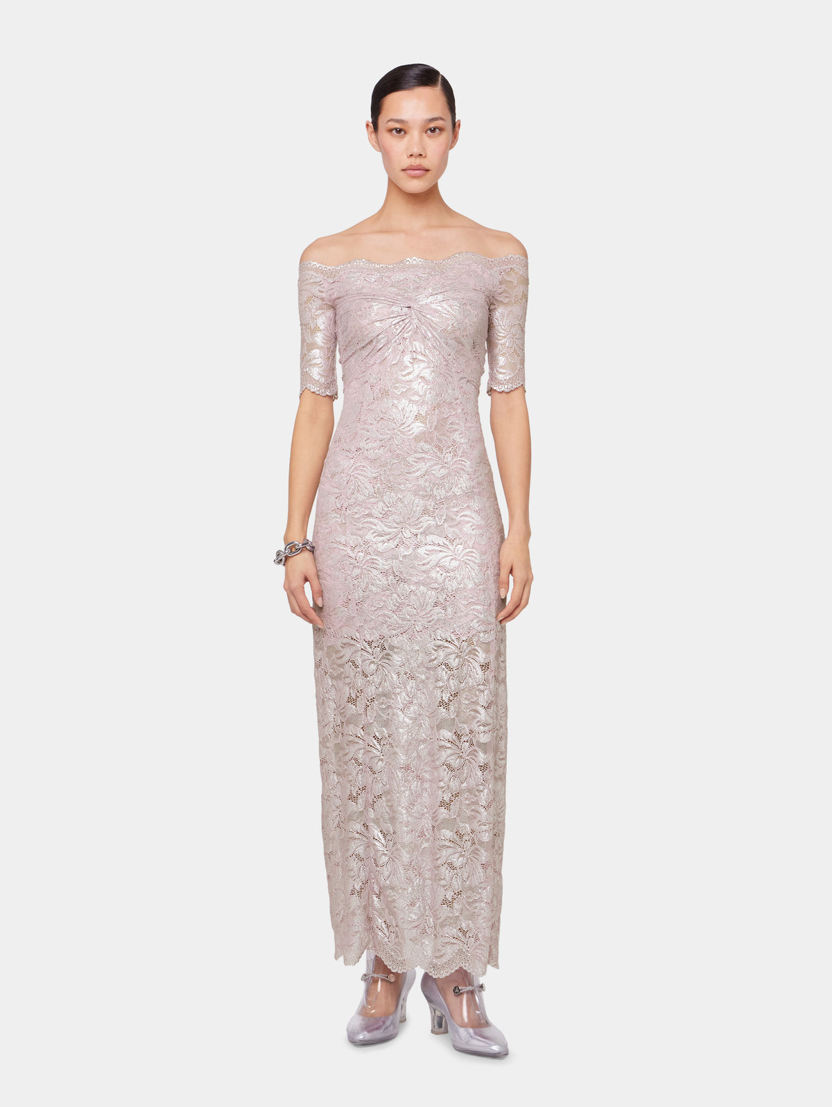 PINK LONG DRESS IN LACE WITH SILVER INDUCTION