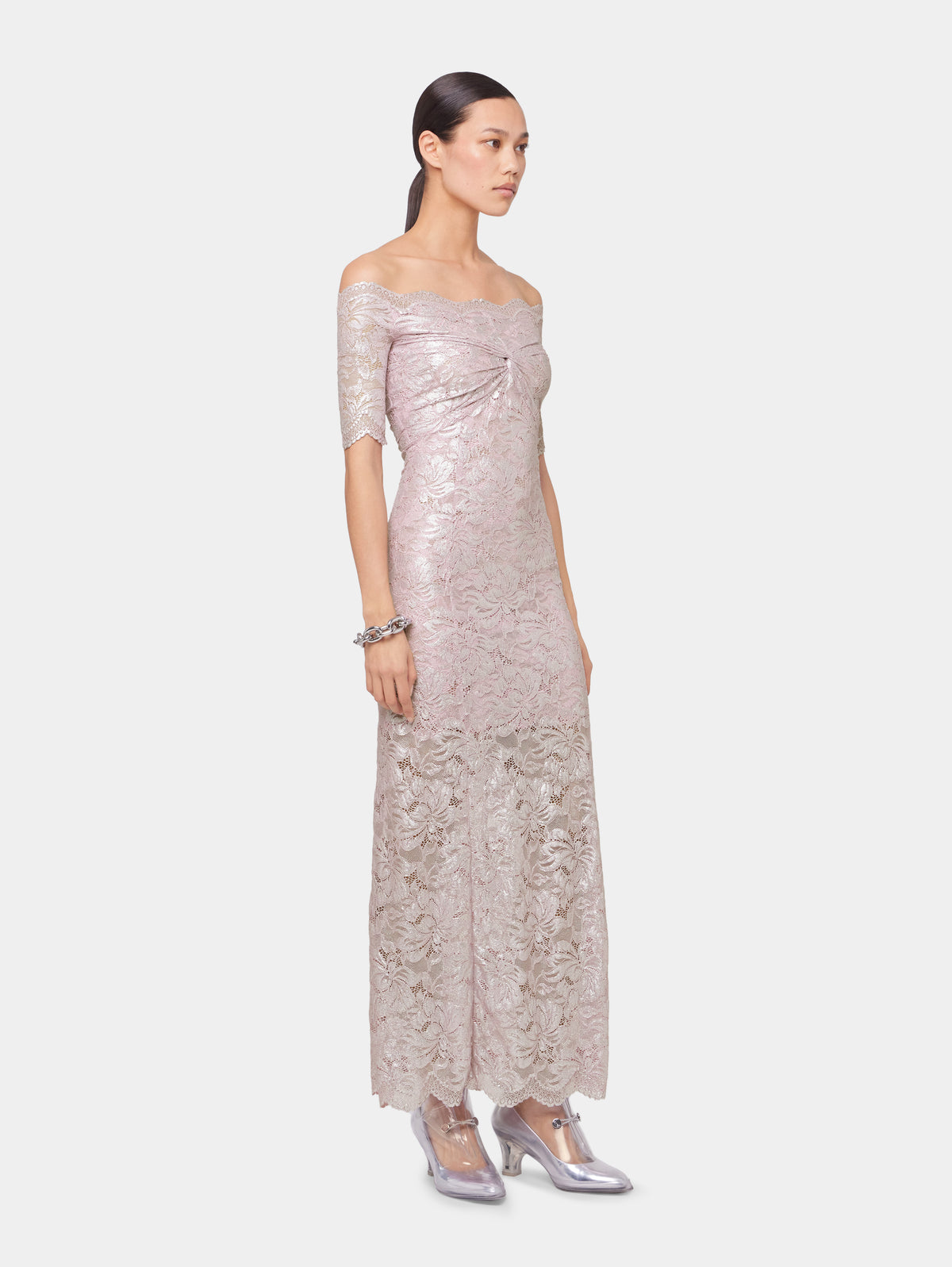 PINK LONG DRESS IN LACE WITH SILVER INDUCTION