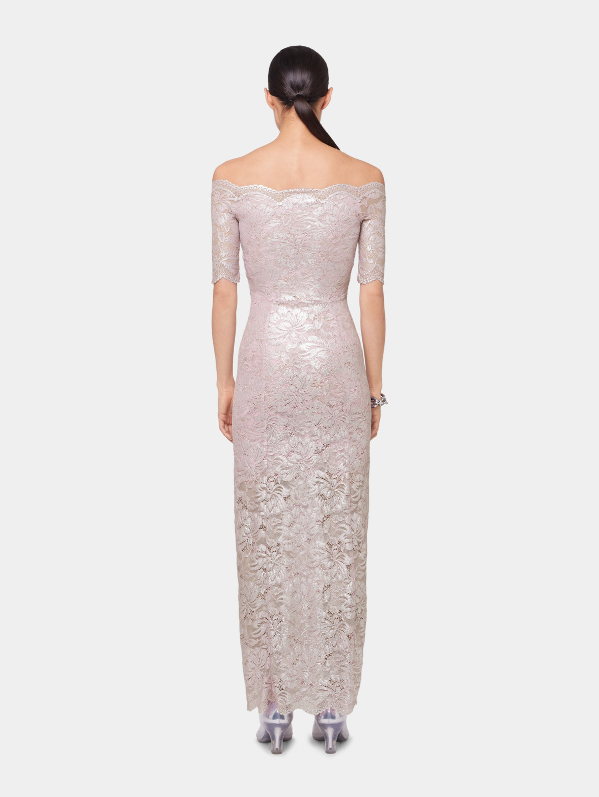 PINK LONG DRESS IN LACE WITH SILVER INDUCTION