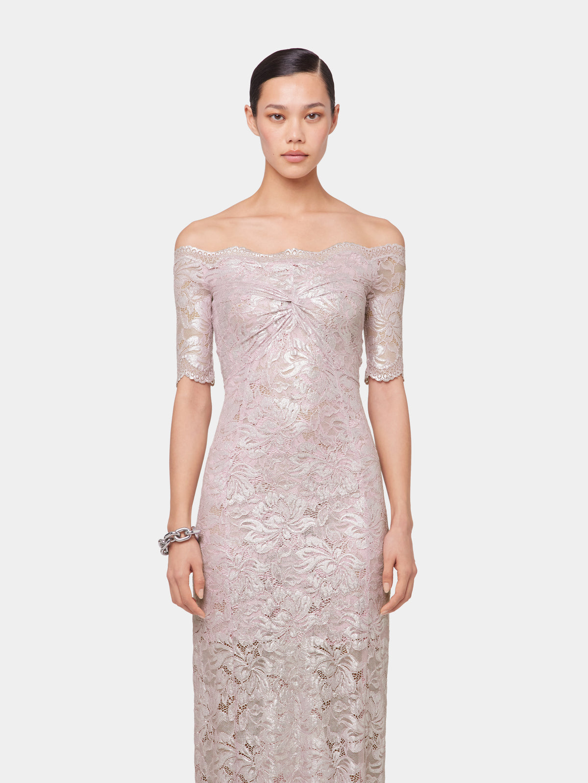 PINK LONG DRESS IN LACE WITH SILVER INDUCTION