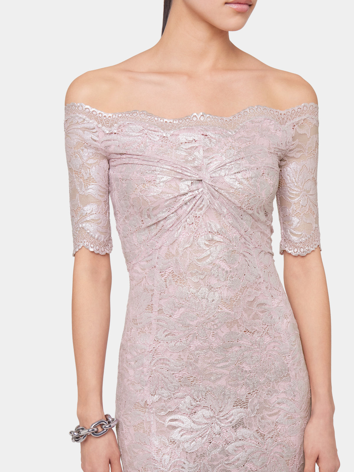 PINK LONG DRESS IN LACE WITH SILVER INDUCTION