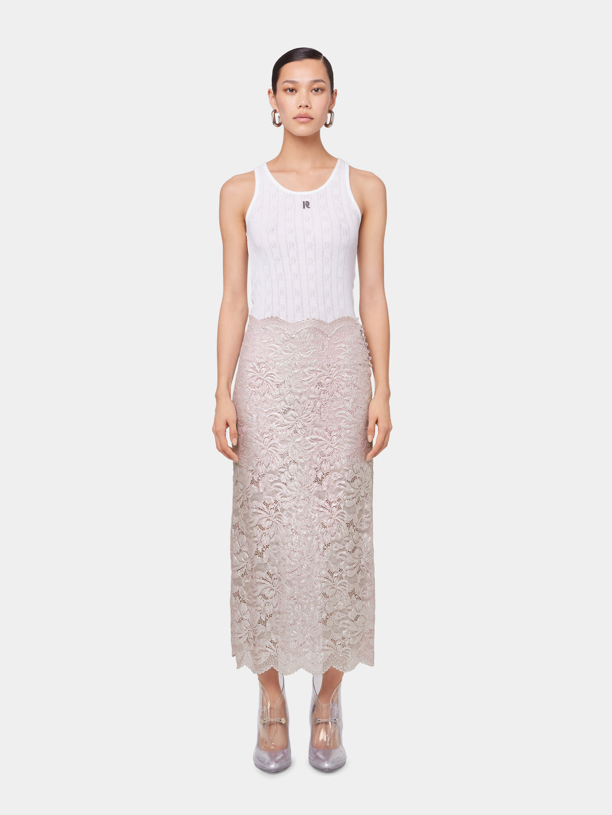 LIGHT PINK LONG SKIRT IN LACE WITH SILVER INDUCTION