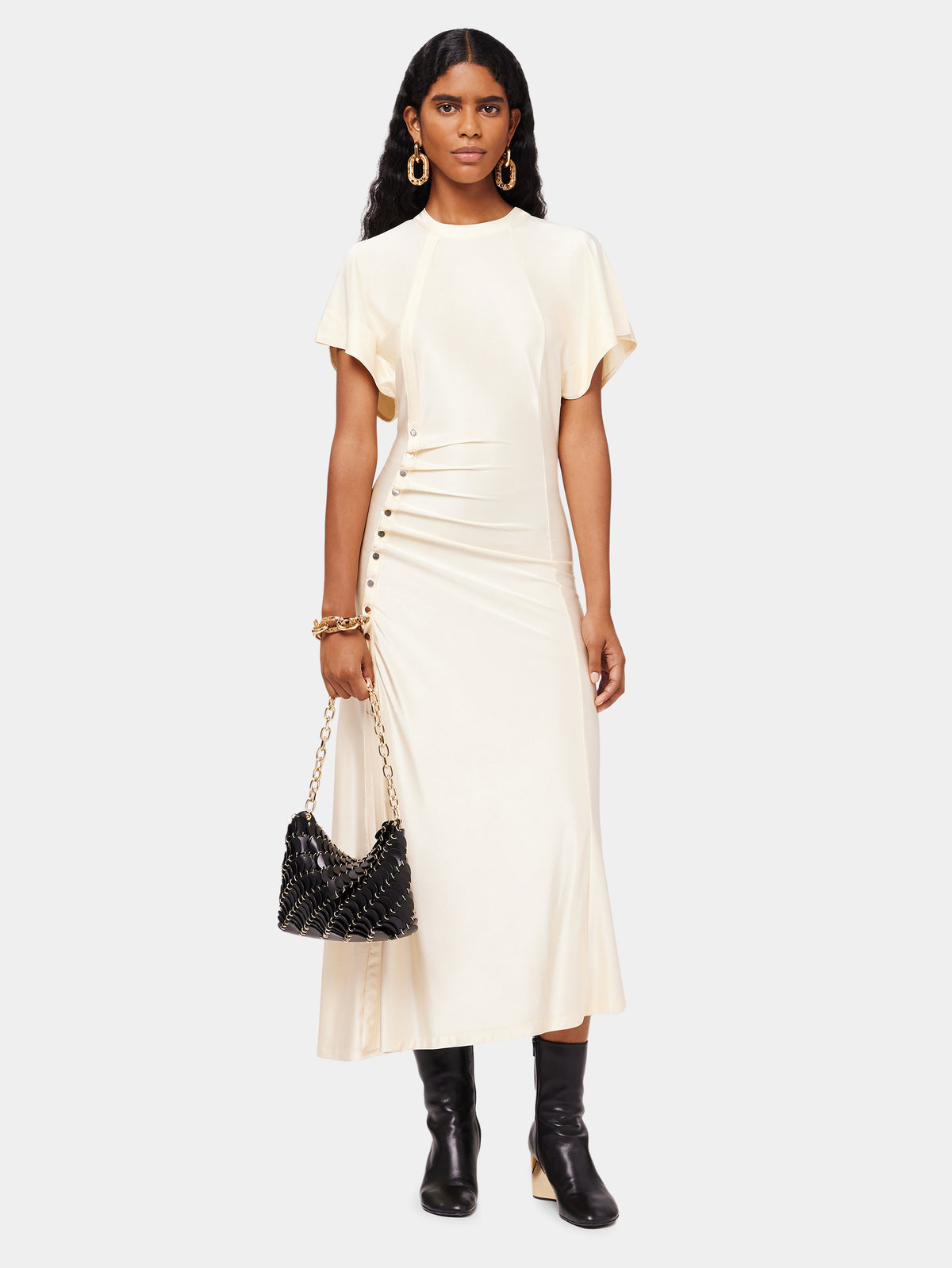 Long cream drapé pression dress