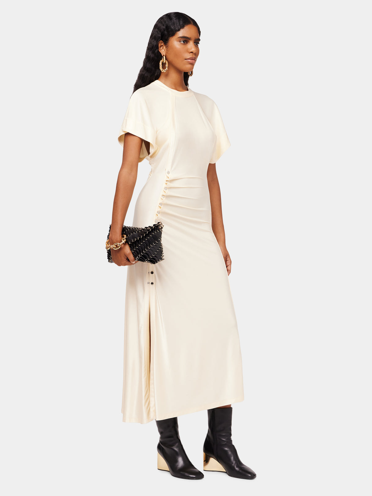 Long cream drapé pression dress