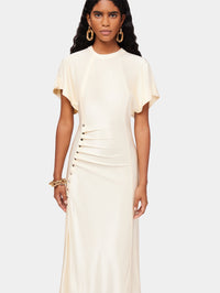 Long cream drapé pression dress