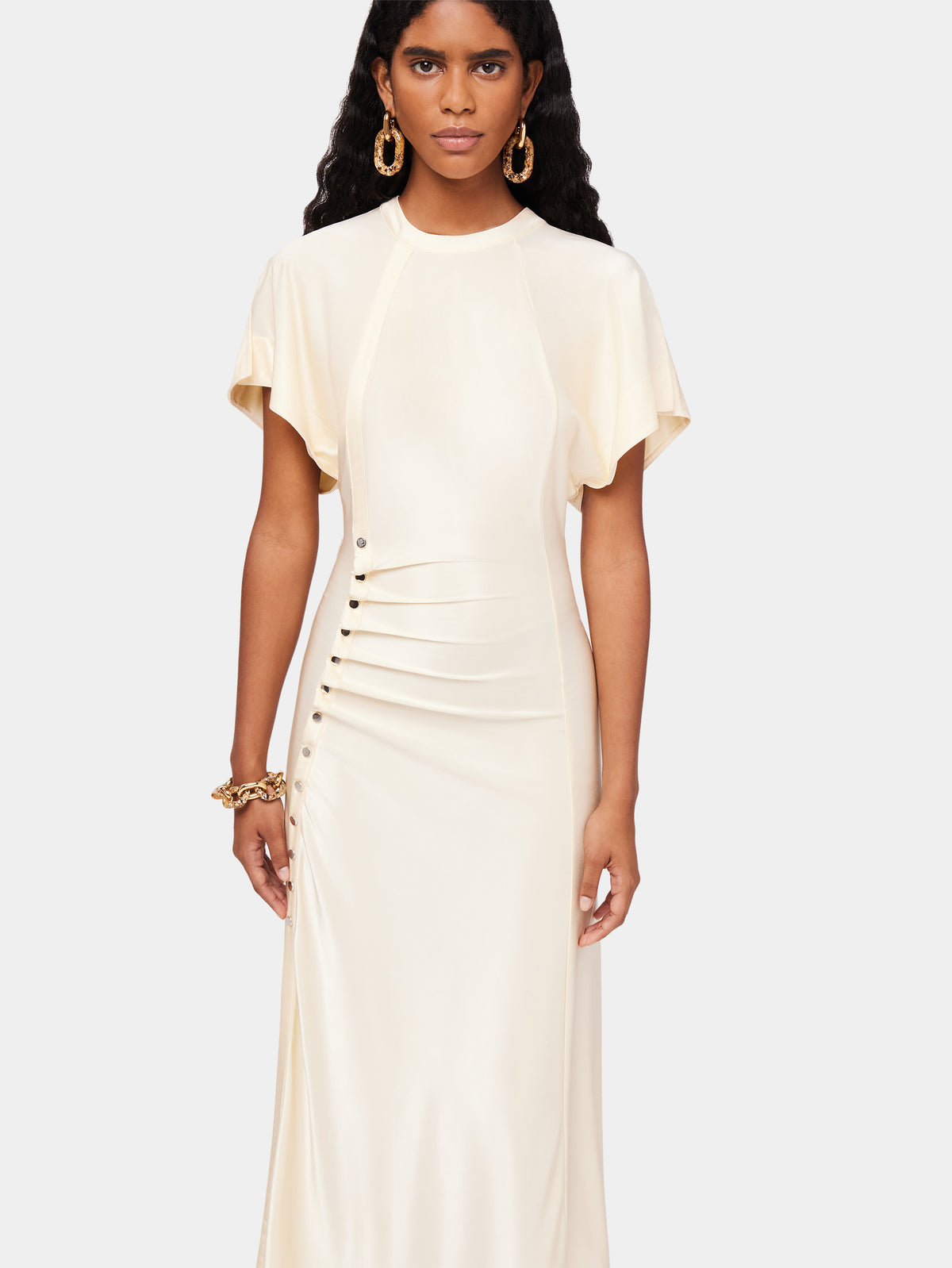 Long cream drapé pression dress