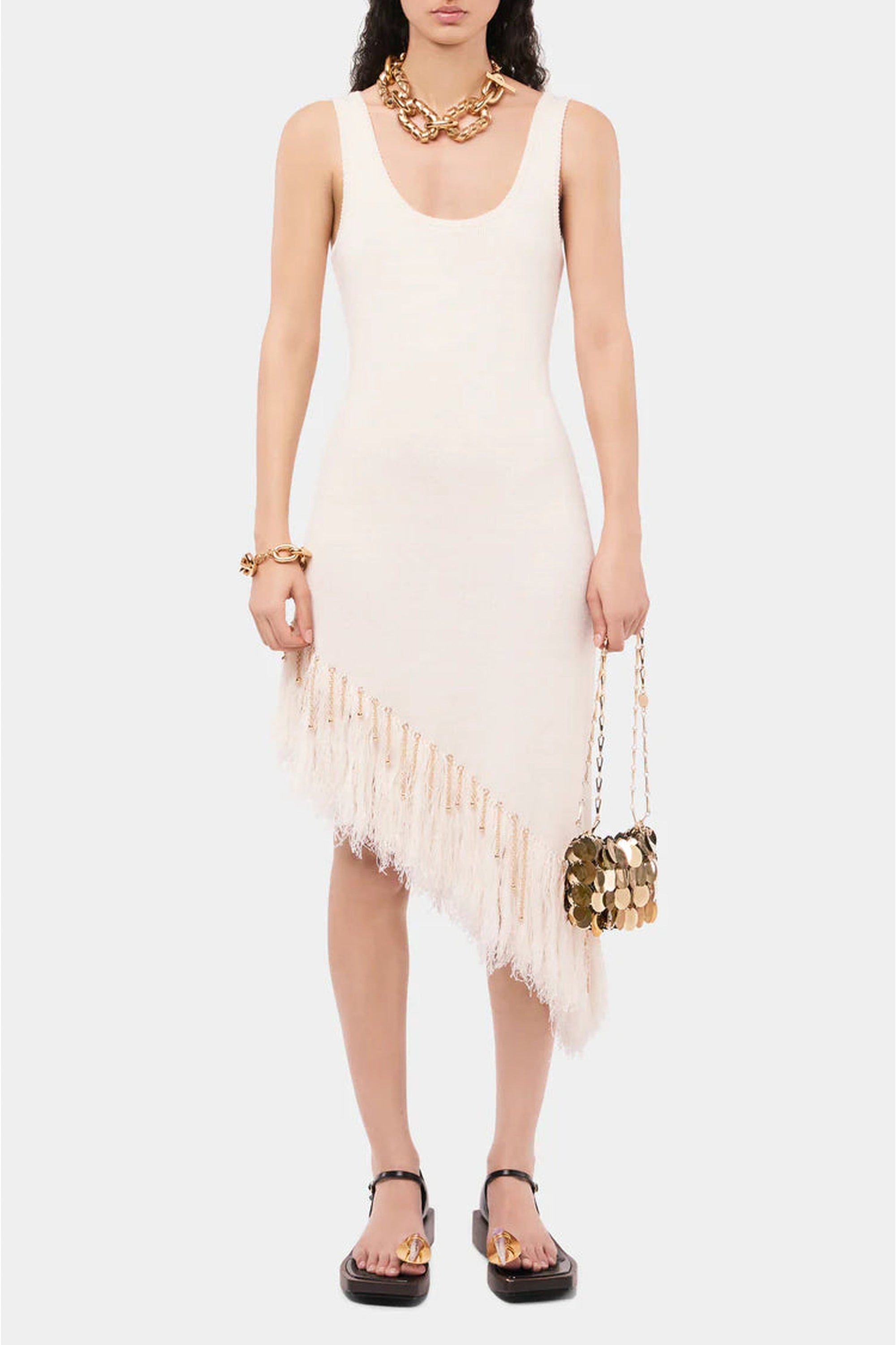 Asymmetrical fringed dress in linen - Natural White