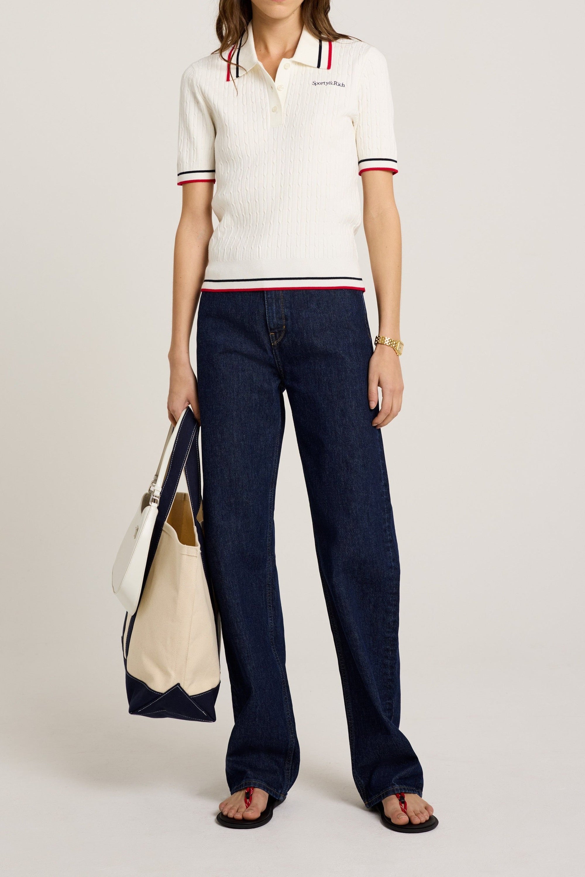 Serif Logo Mini Cable Polo - Off White & Navy & Red