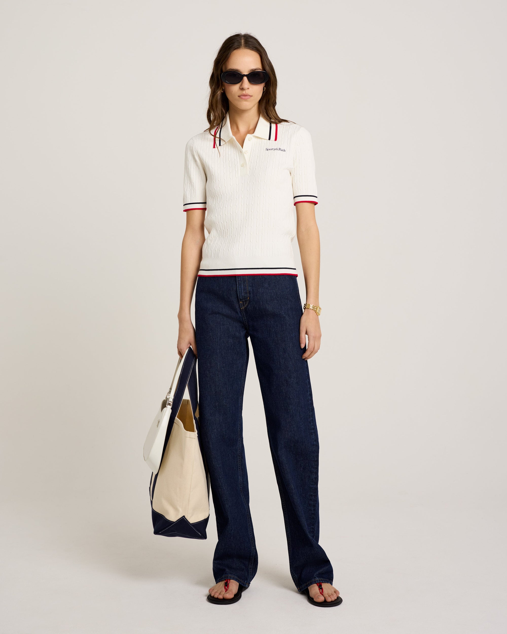 Serif Logo Mini Cable Polo - Off White & Navy & Red