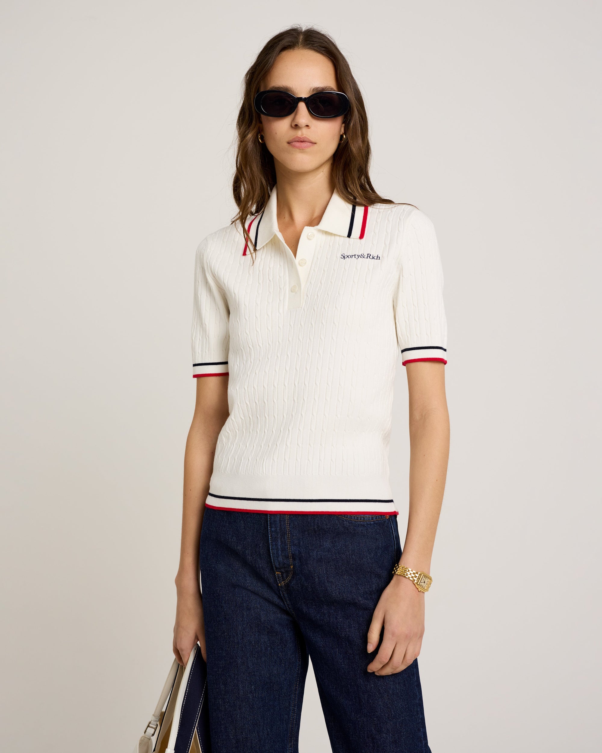 Serif Logo Mini Cable Polo - Off White & Navy & Red