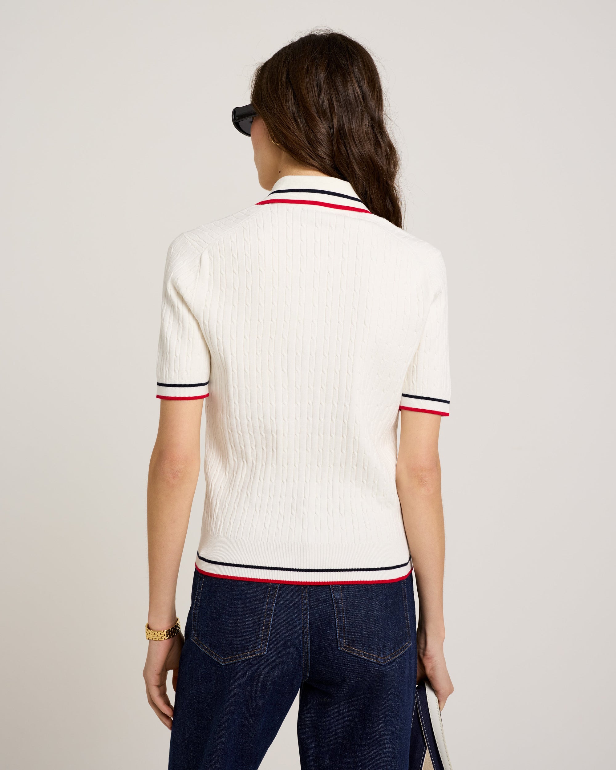 Serif Logo Mini Cable Polo - Off White & Navy & Red