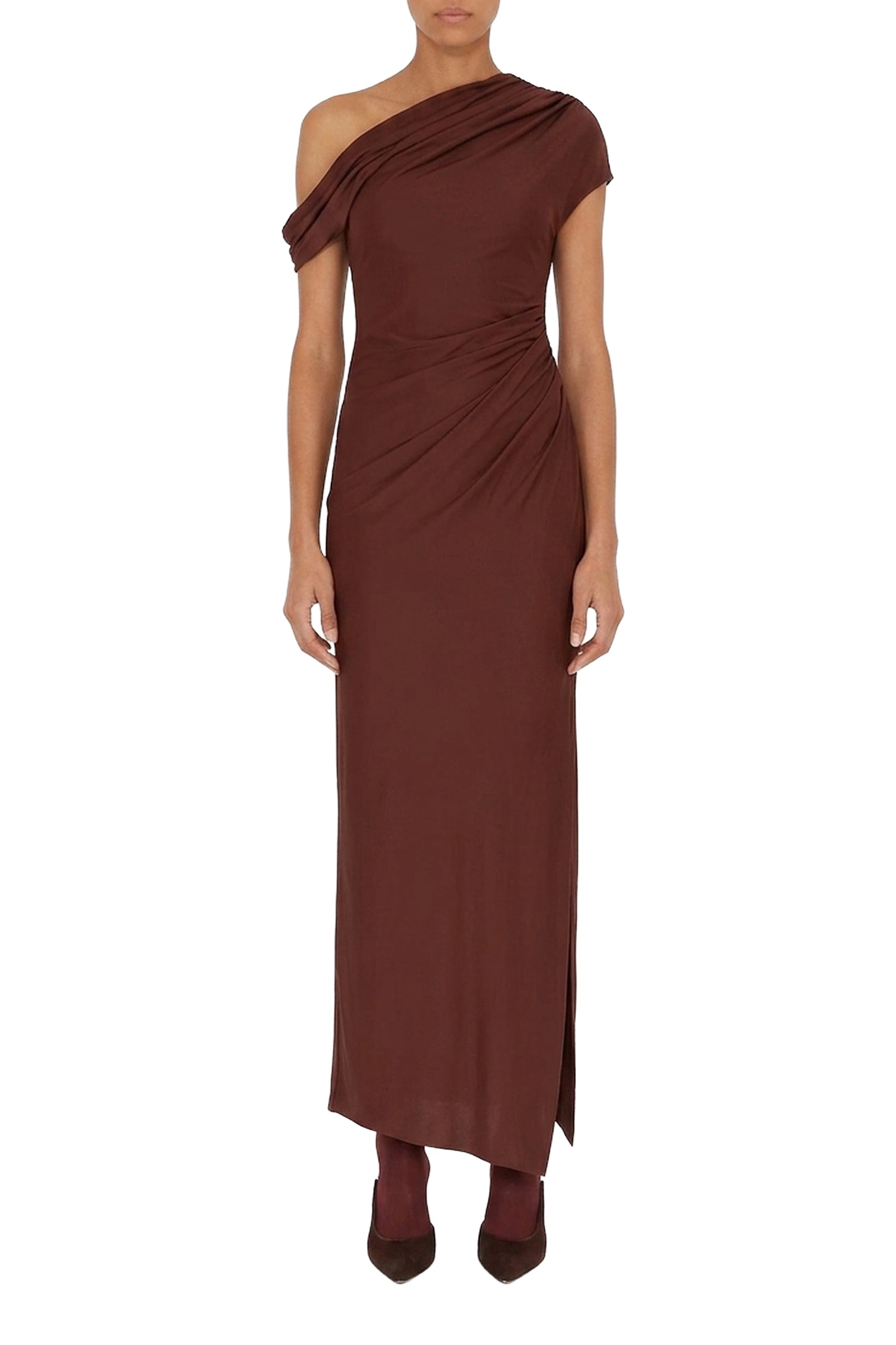 Cascading off-the-shoulder dress - Mahogany