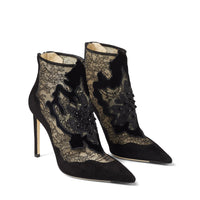 Bottines Lorre à bout pointu 100 en daim et dentelle - Black