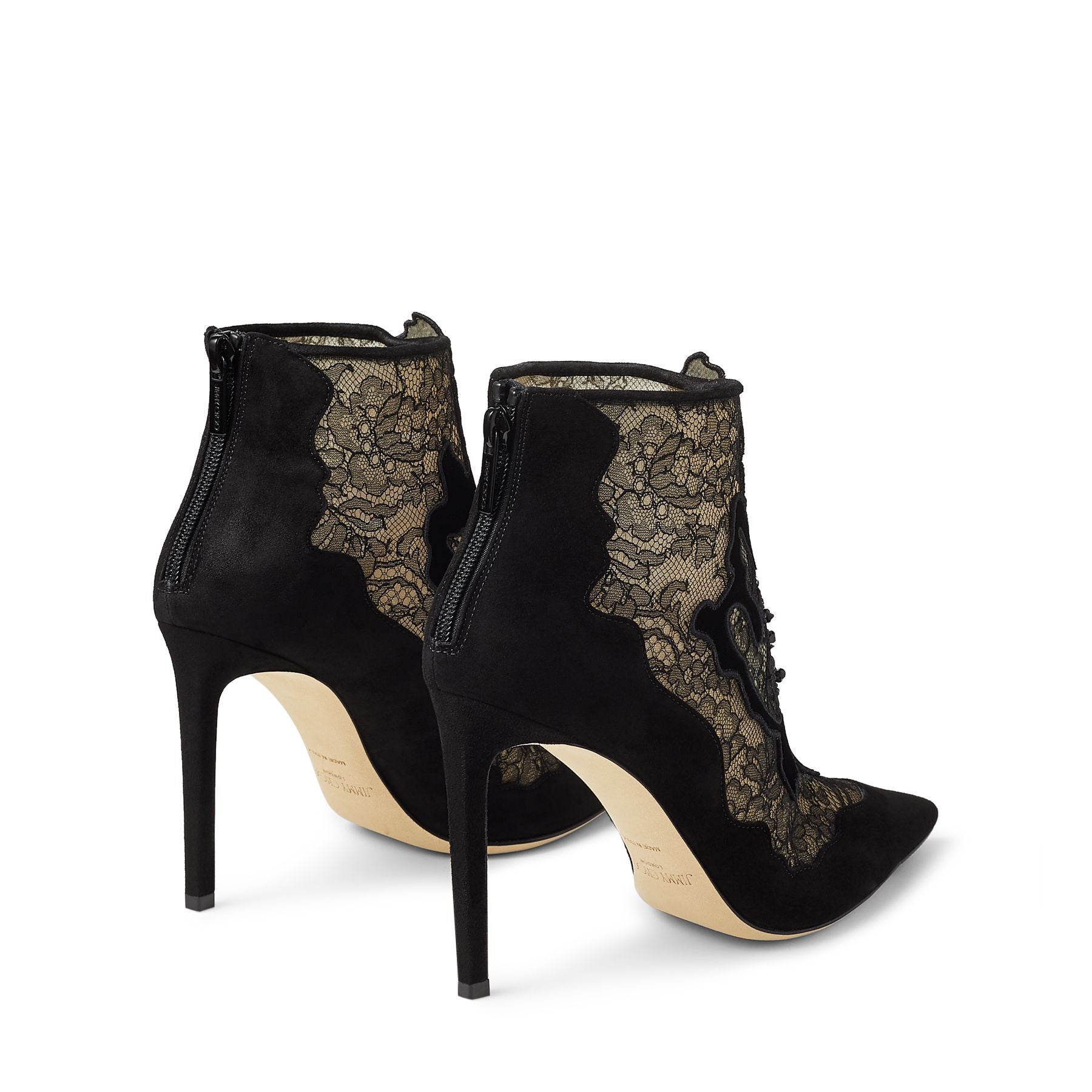 Bottines Lorre à bout pointu 100 en daim et dentelle - Black