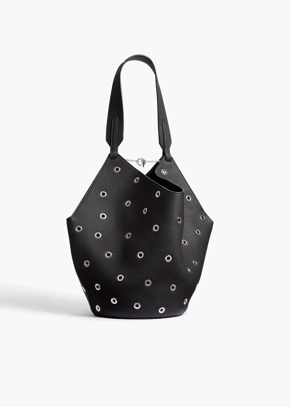 Black Small Lotus Tote In Black Pebbled Leather With Grommets - Black