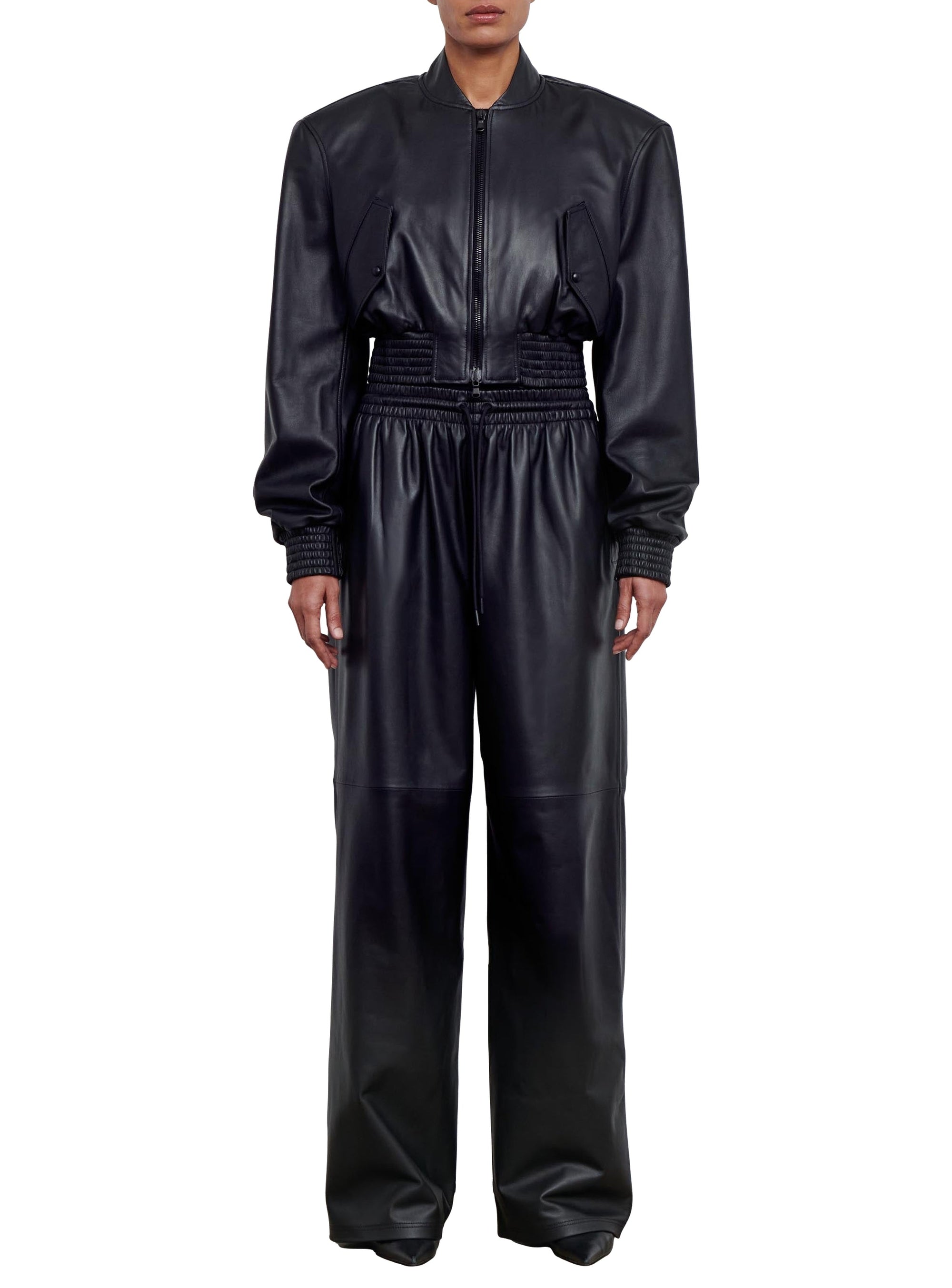Leather Tailored Crop Bomber - Black