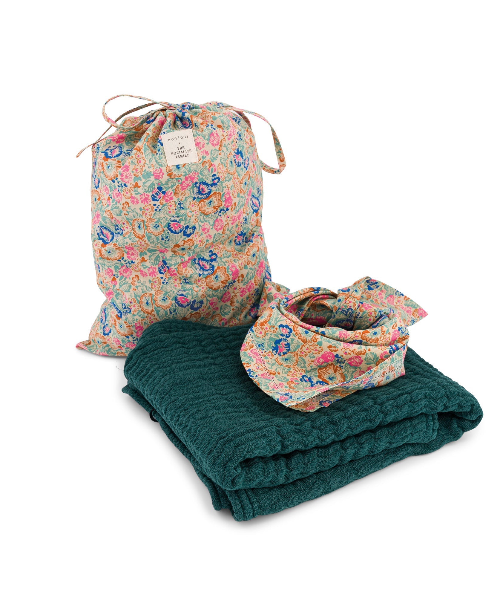 Trousseau de naissance Bonjour en gaze de coton - Vert sapin