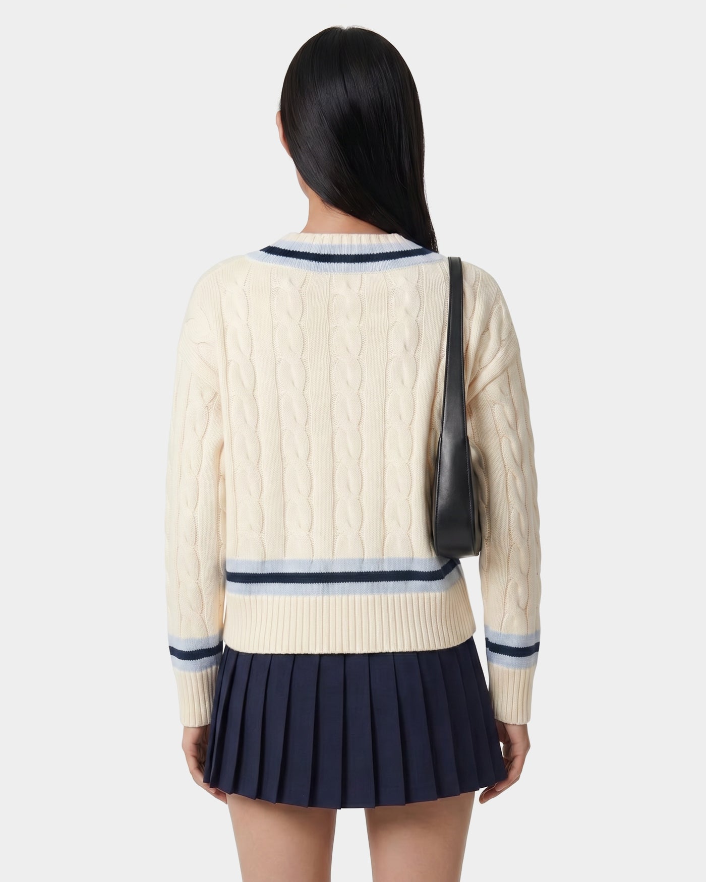 Pull SRC à col en V et motif torsadé - Écru/Bleu marine/Ciel