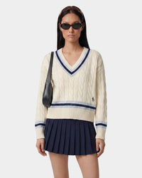 Pull SRC à col en V et motif torsadé - Écru/Bleu marine/Ciel