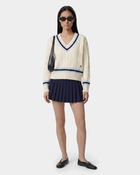 Pull SRC à col en V et motif torsadé - Écru/Bleu marine/Ciel