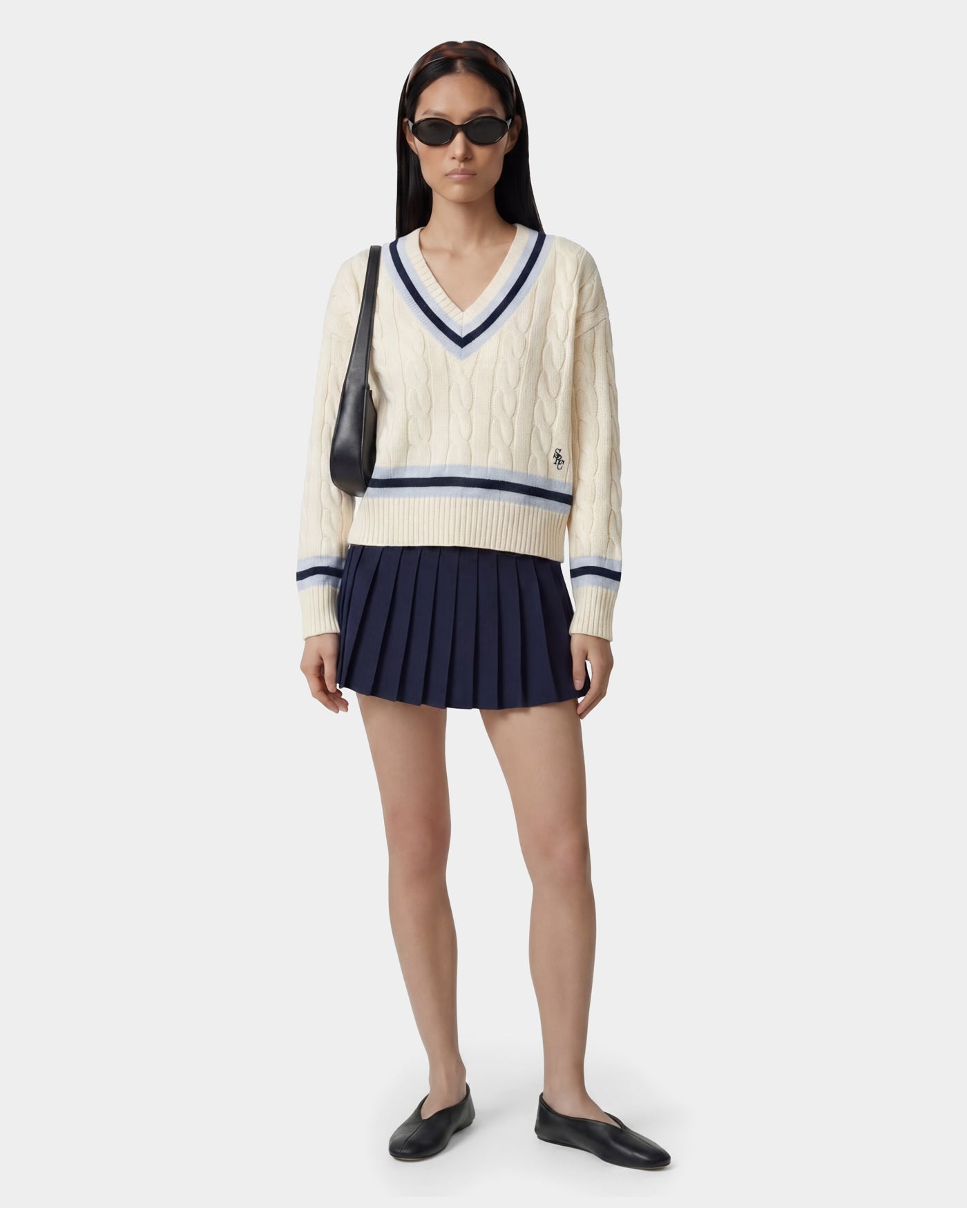 Pull SRC à col en V et motif torsadé - Écru/Bleu marine/Ciel