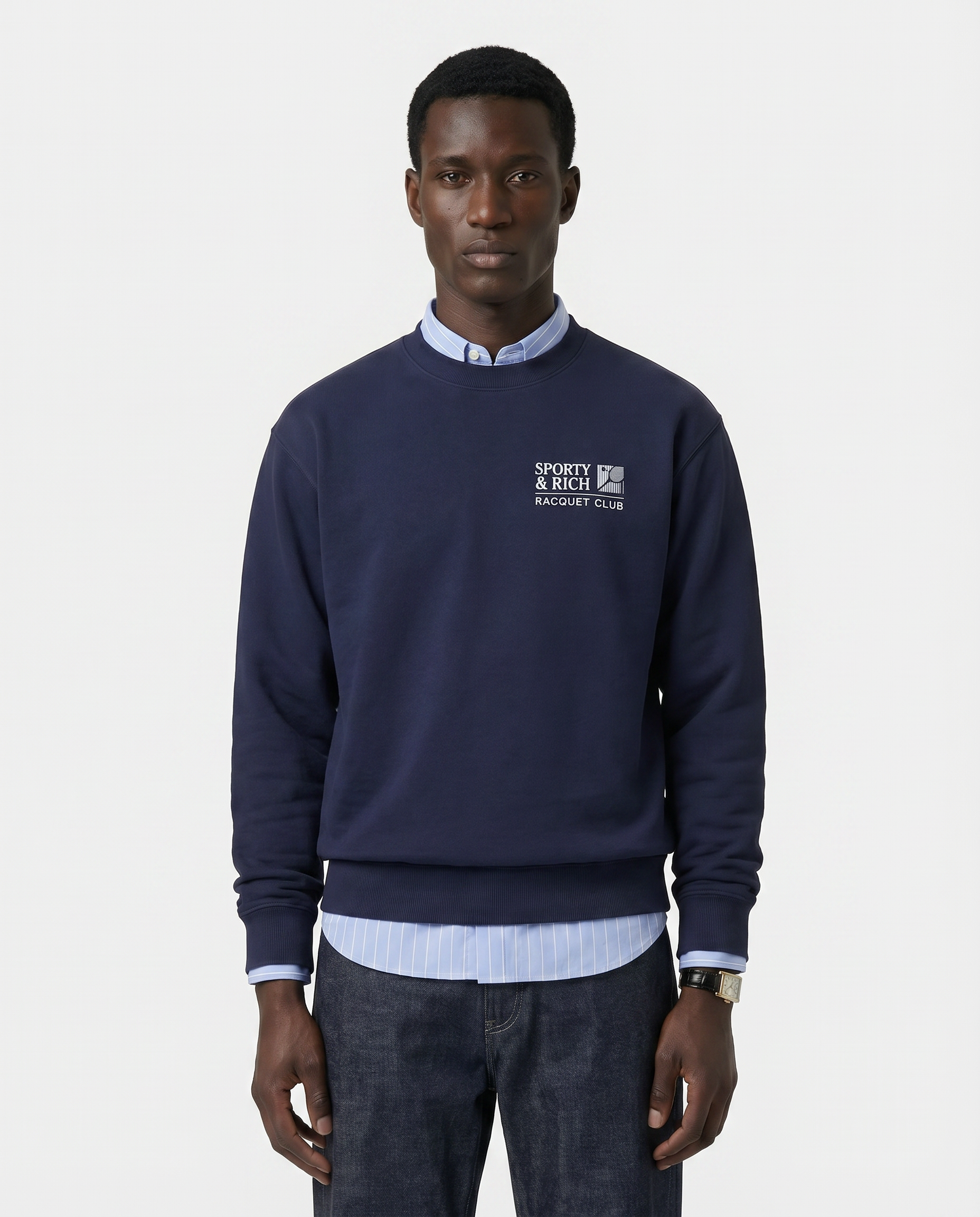 Pull à col rond Promo - Bleu marine/Blanc