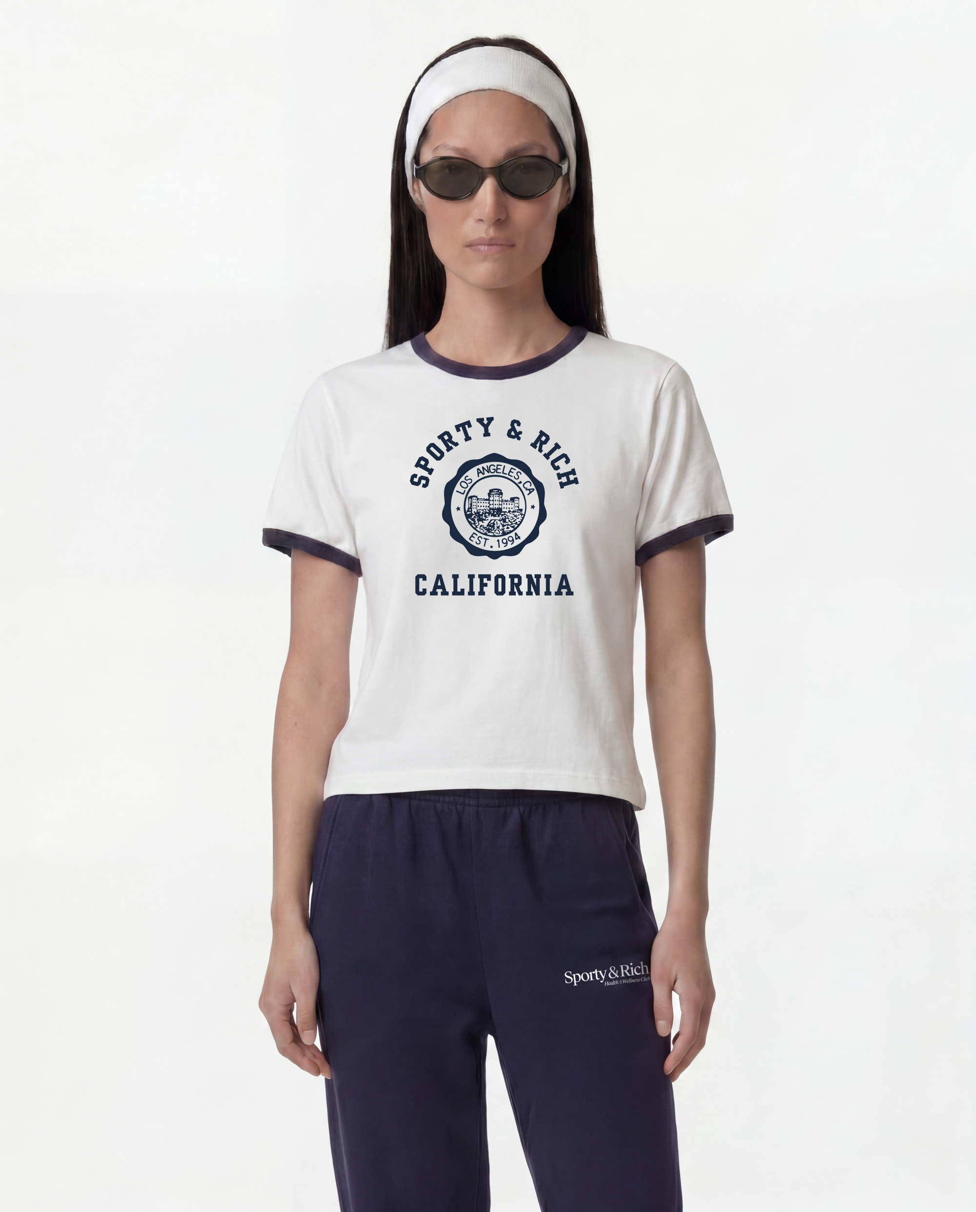T-shirt à col rond et bordures « California Emblem » - Blanc/Bleu marine foncé