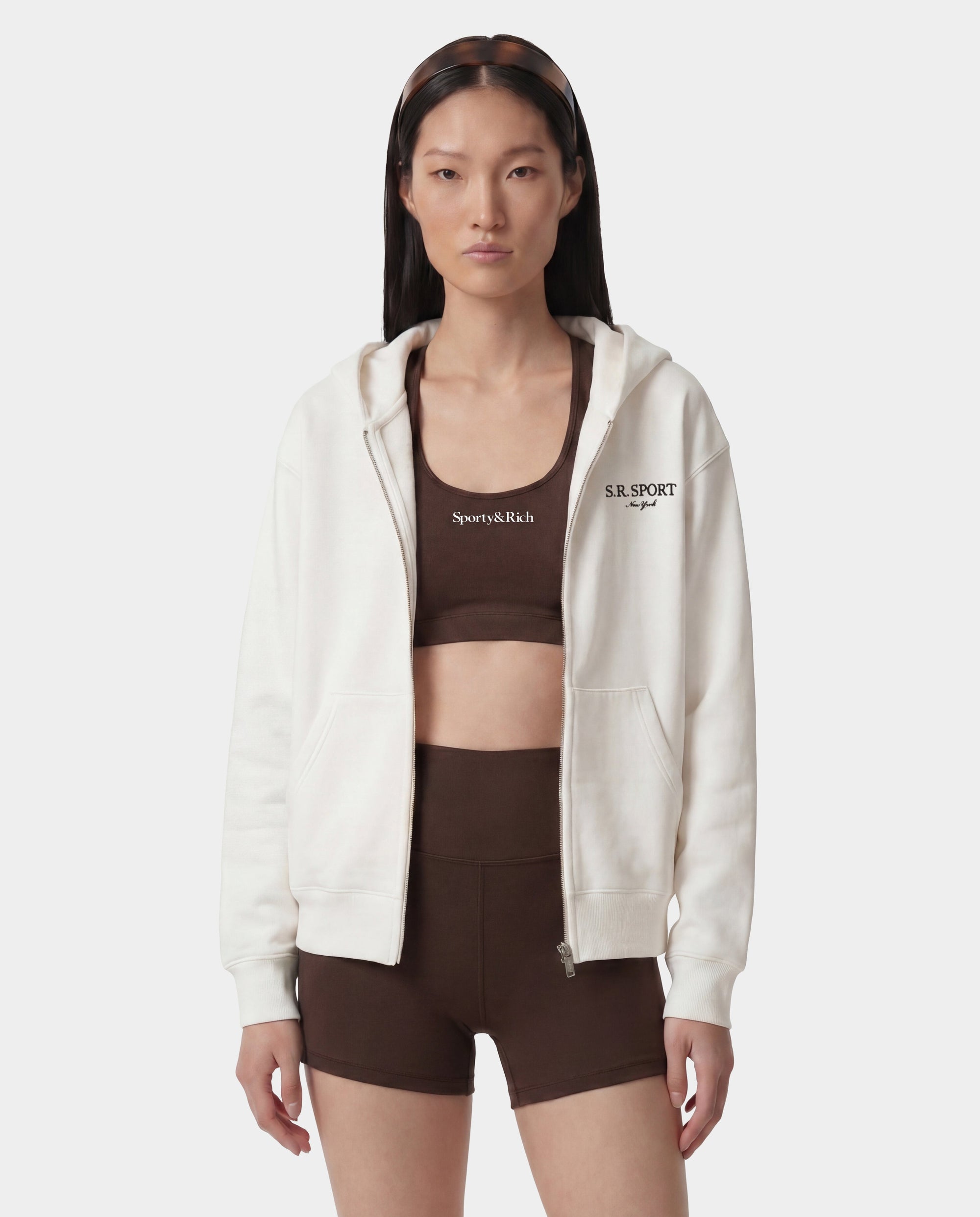 Sweat à capuche zippé brodé SR Sport - Écru