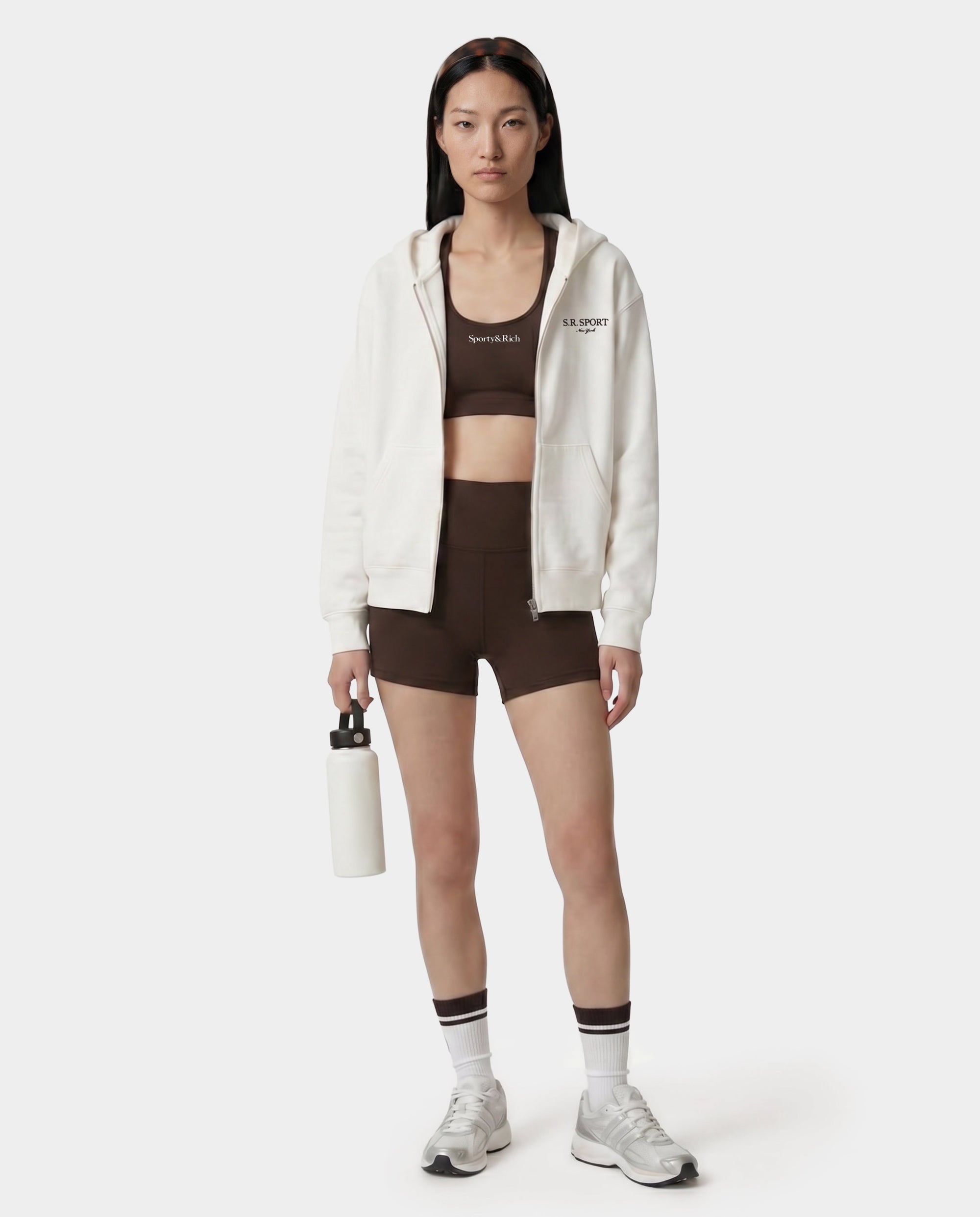 Sweat à capuche zippé brodé SR Sport - Écru