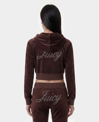 Sweat à capuche zippé en velours « Juicy Script » - Chocolat