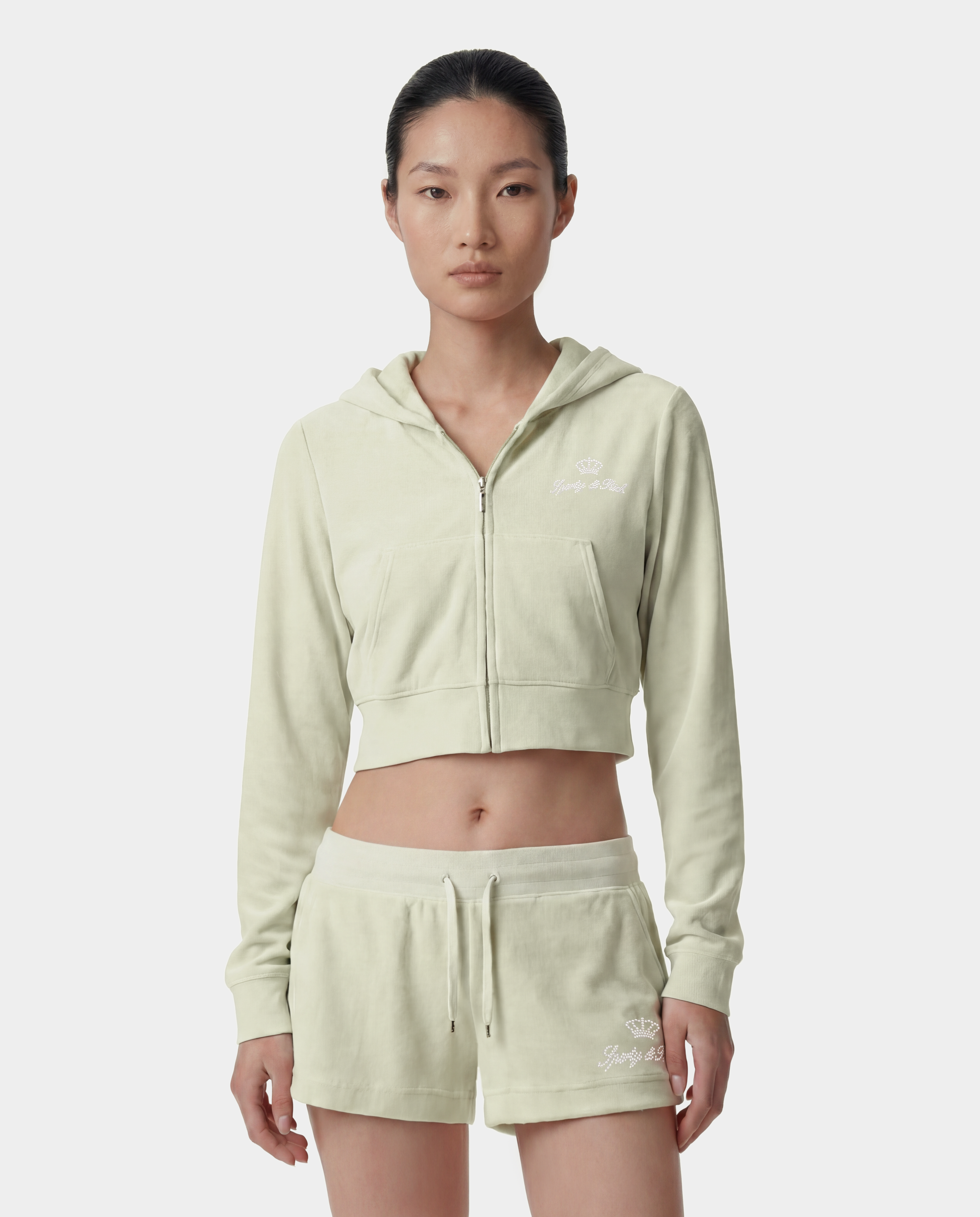 Sweat à capuche zippé en velours « Juicy Script » - Sauge