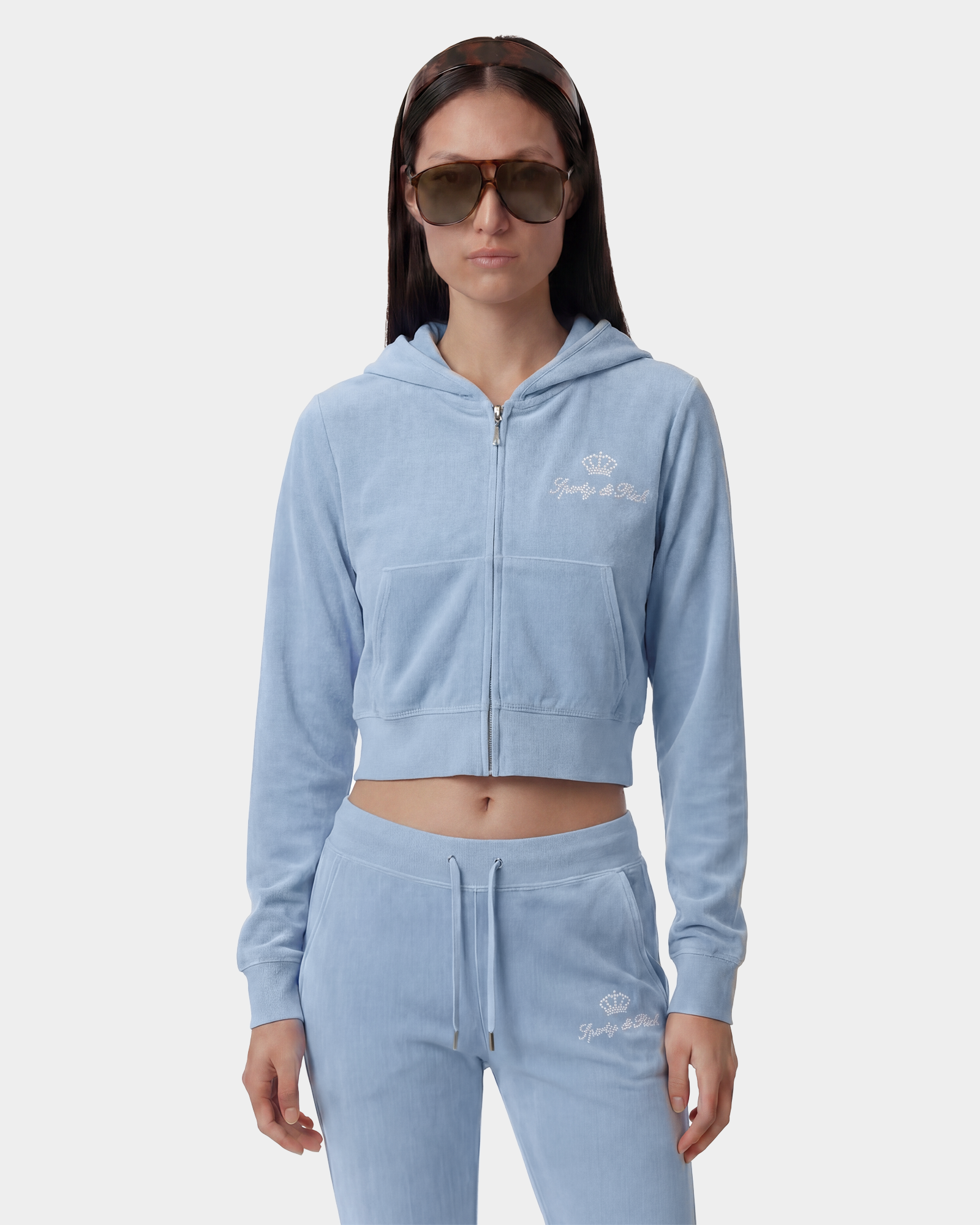 Sweat à capuche zippé en velours « Juicy Script » - Bleu ciel